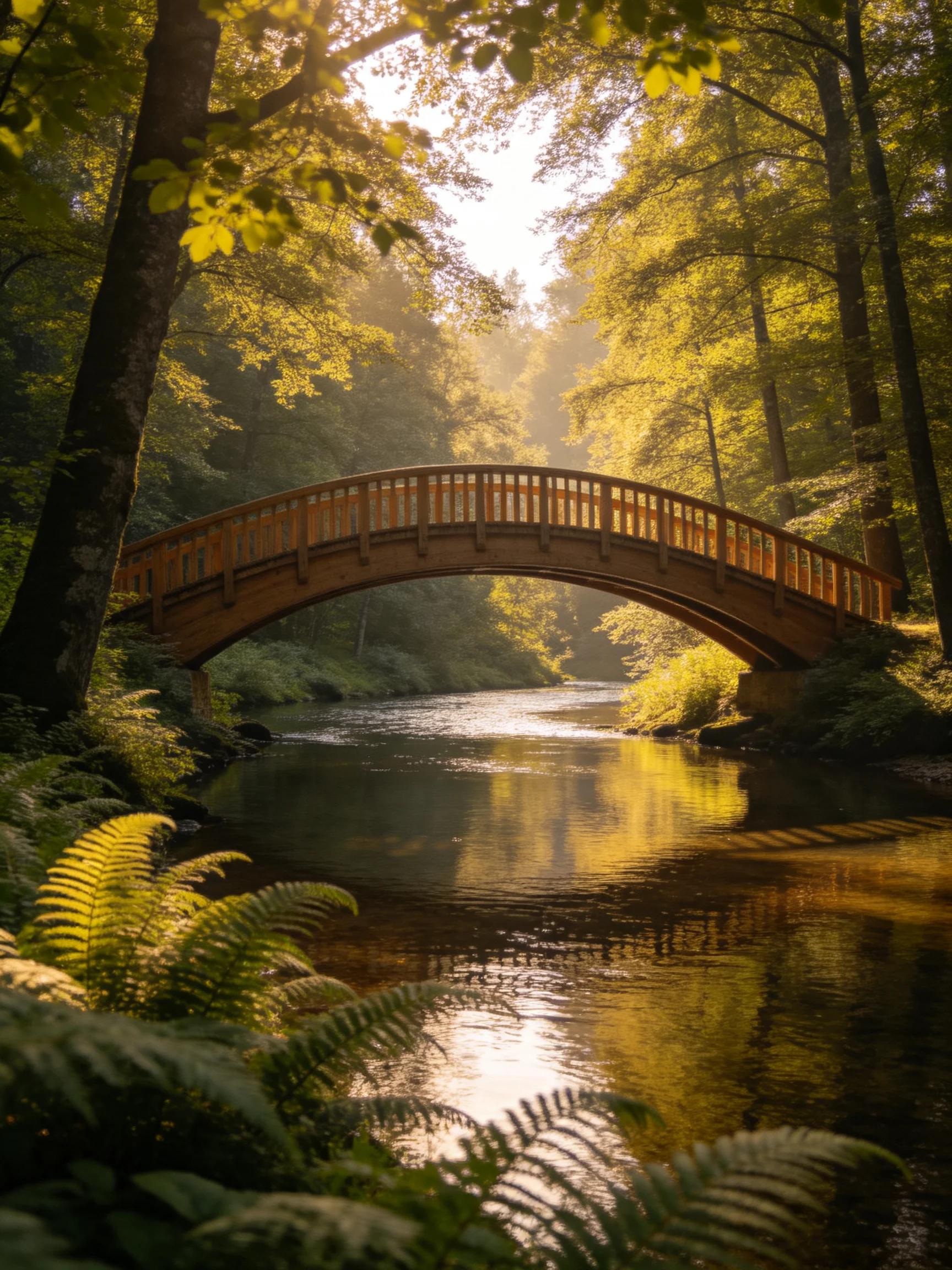 A wooden arched bridge spans a calm river amid lush greenery