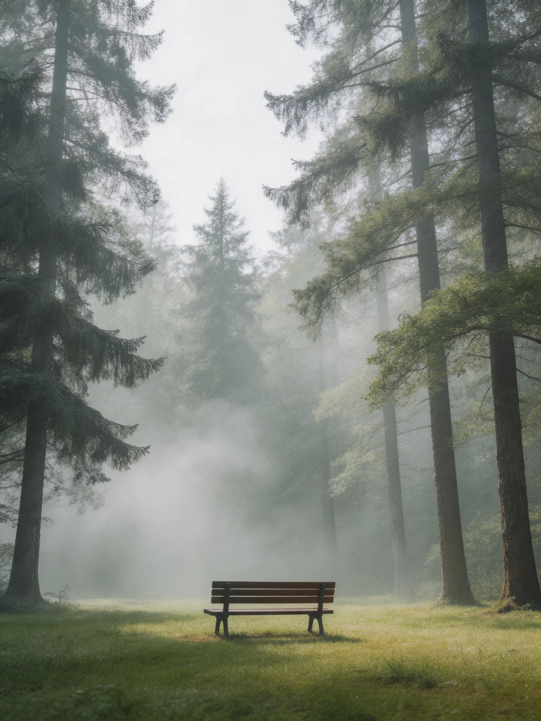 A wooden bench in a misty forest surrounded by tall evergreen trees