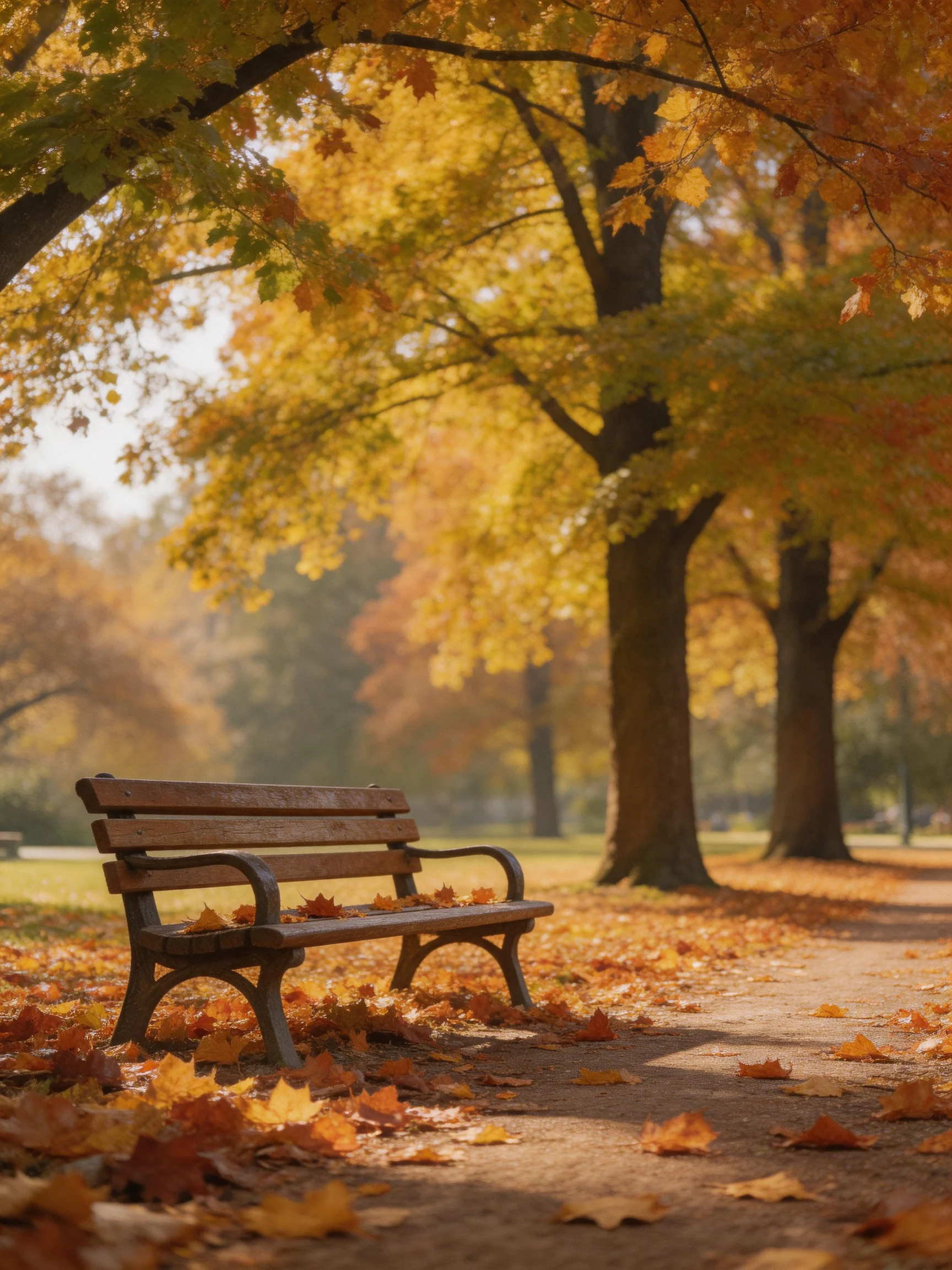 A wooden bench sits among large autumn trees with golden leaves