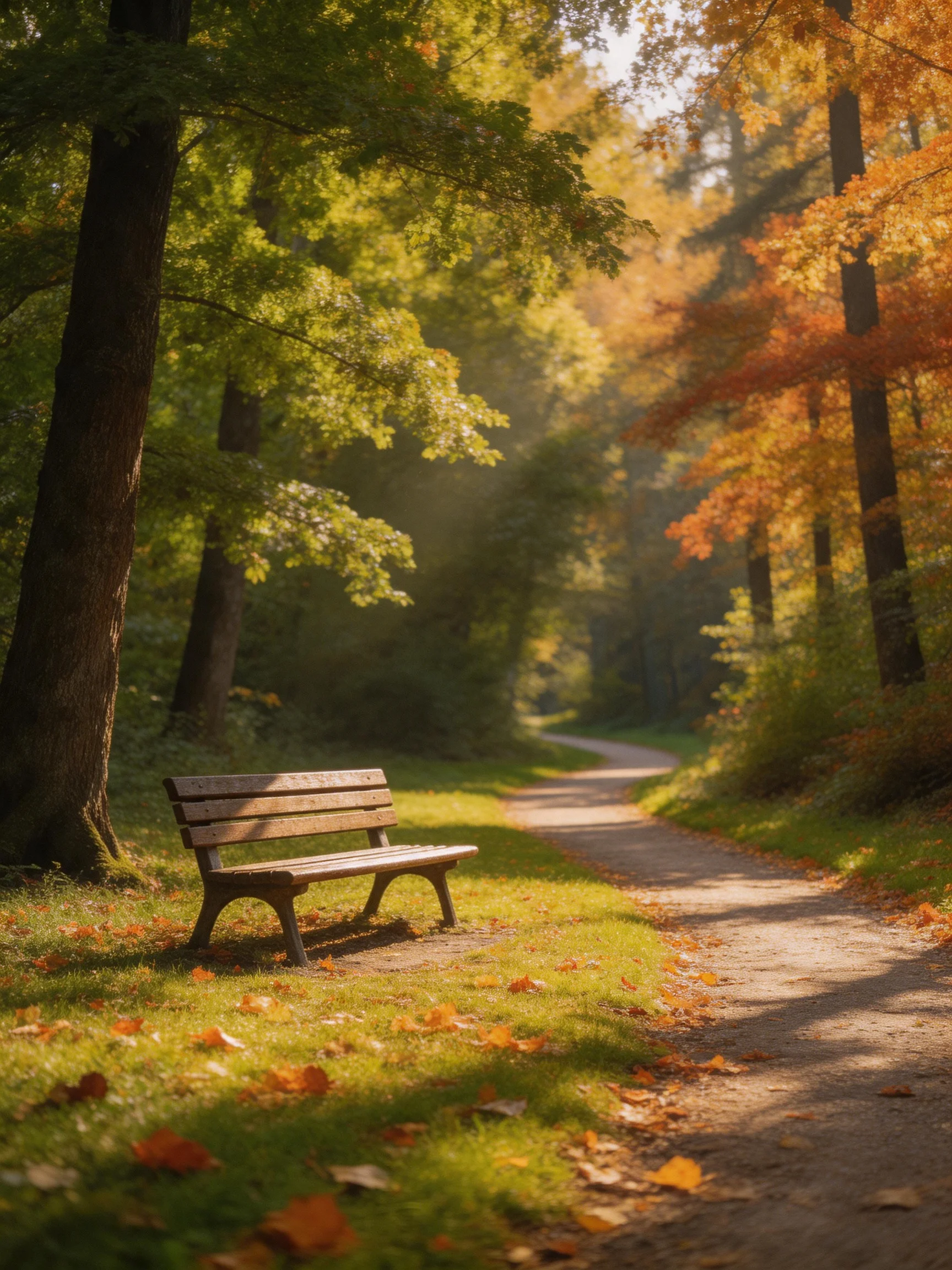A wooden bench sits beside a winding dirt path amid autumn-colored trees