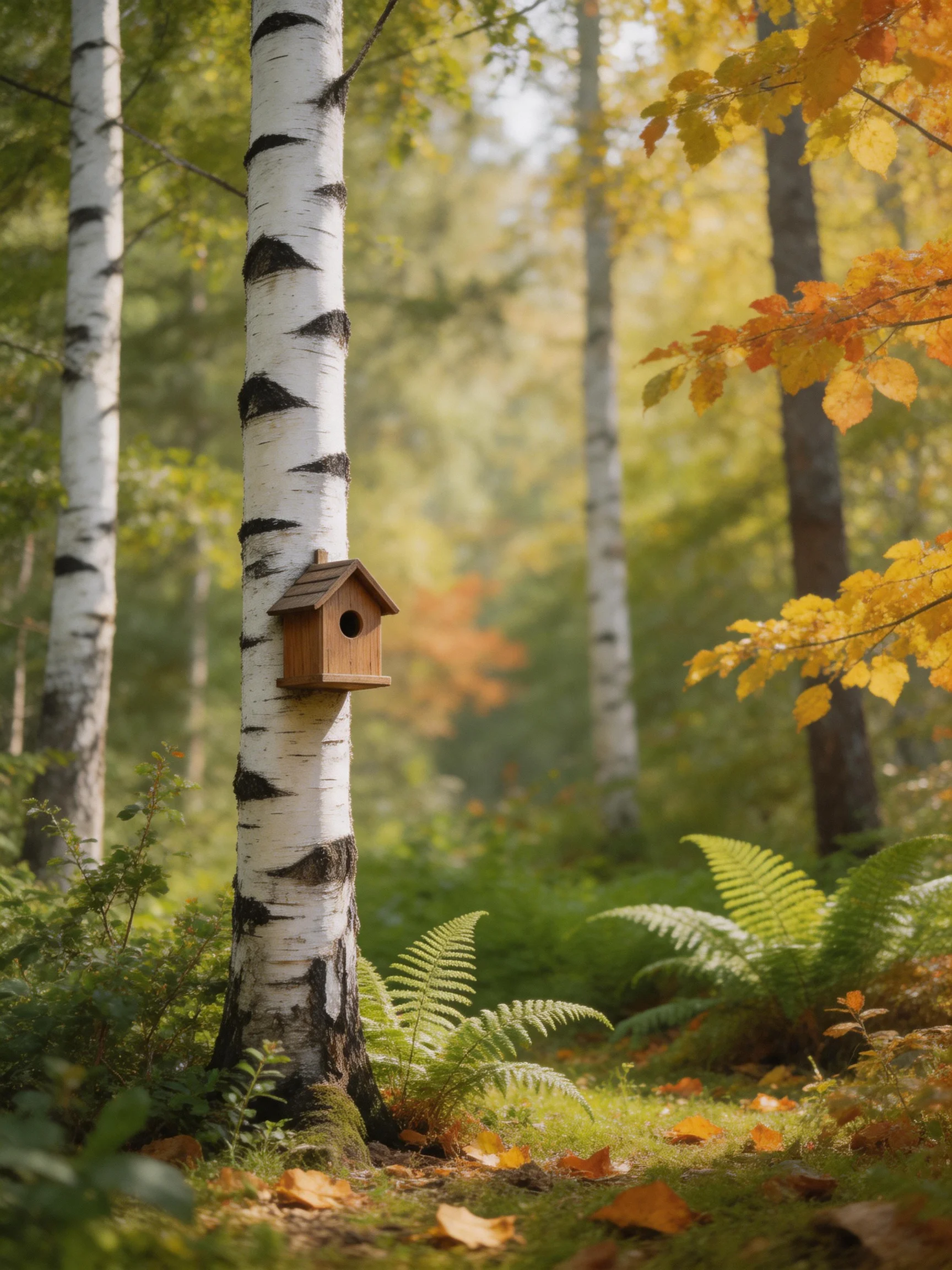 A wooden birdhouse on white-barked birches in an autumn forest