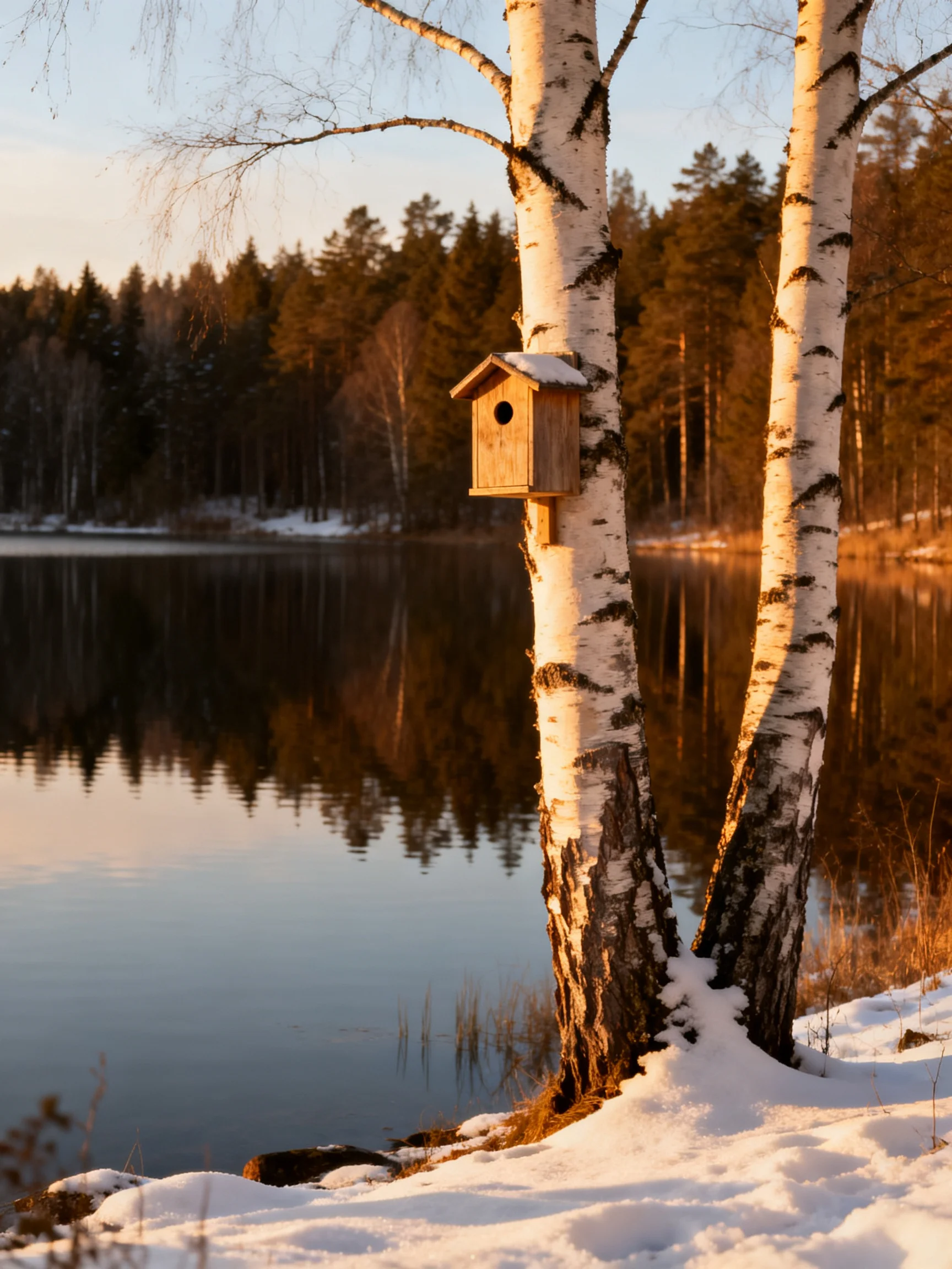 A wooden birdhouse on white-barked birches near a snowy lakeside