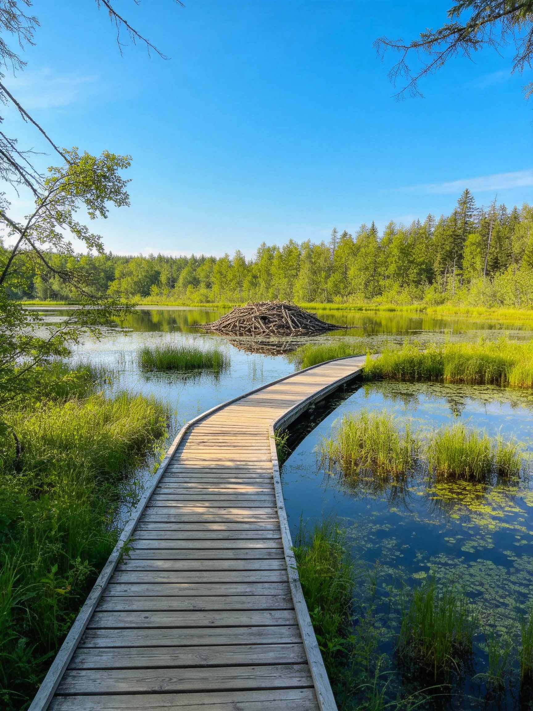 A wooden boardwalk winds through a lush wetland with a beaver dam