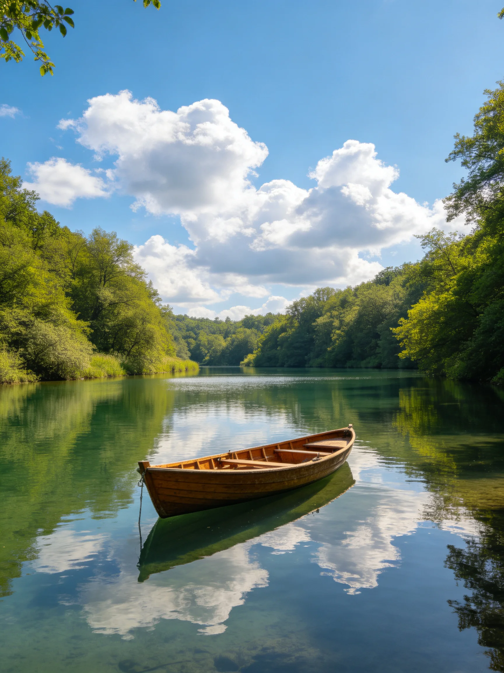 A wooden boat floats on clear green water amid lush trees and blue skies