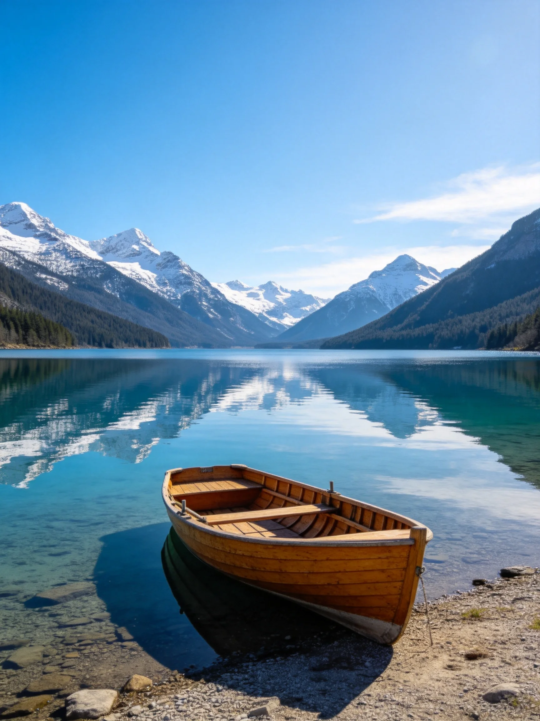 A wooden boat moored near a crystal lake with snow - capped mountains