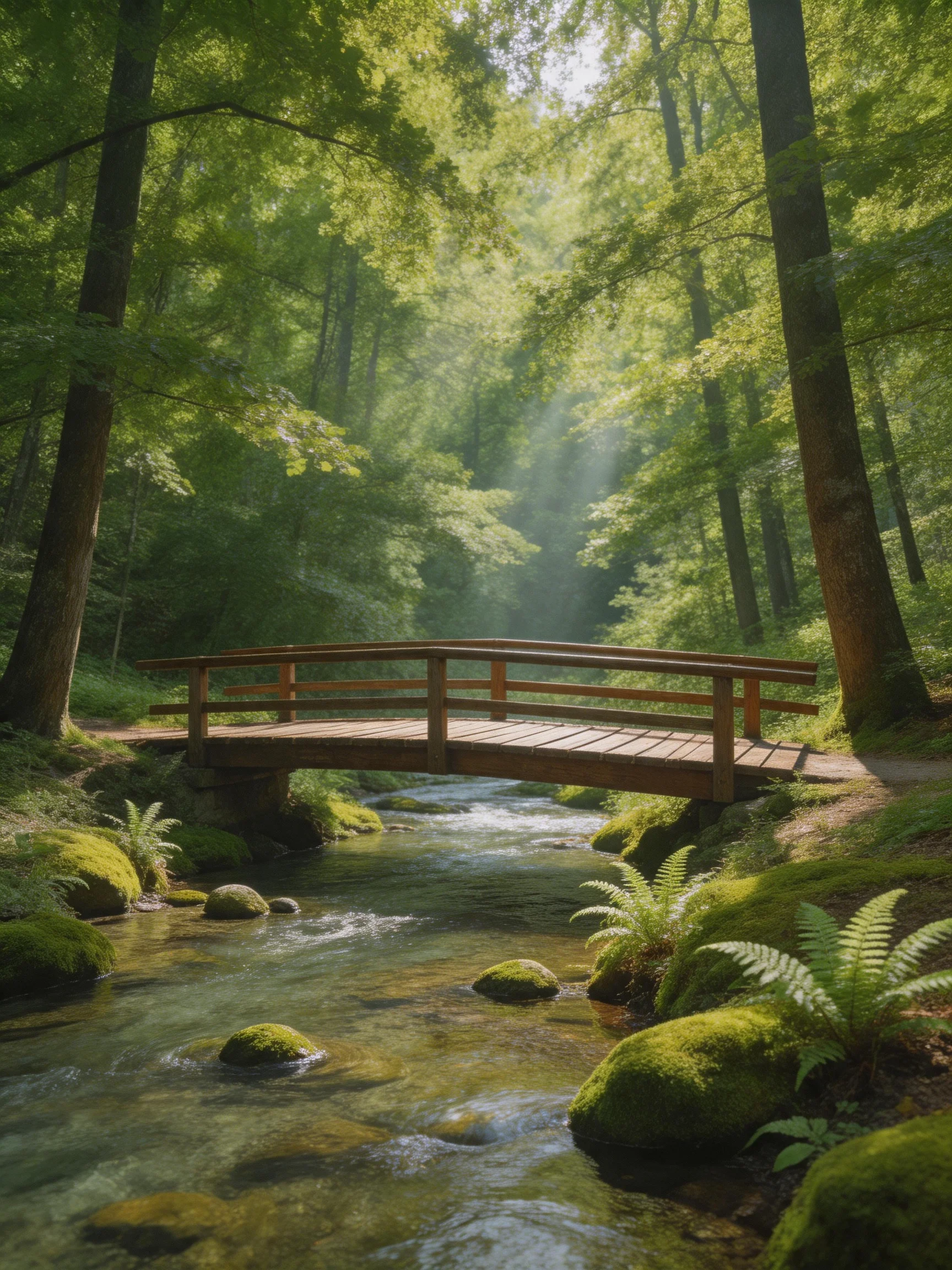 A wooden bridge spans a clear stream amid lush green forest
