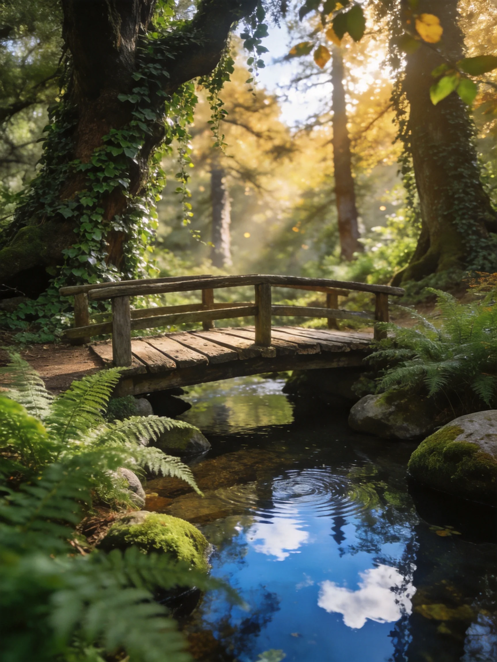 A wooden bridge spans a clear stream in a sunlit forest