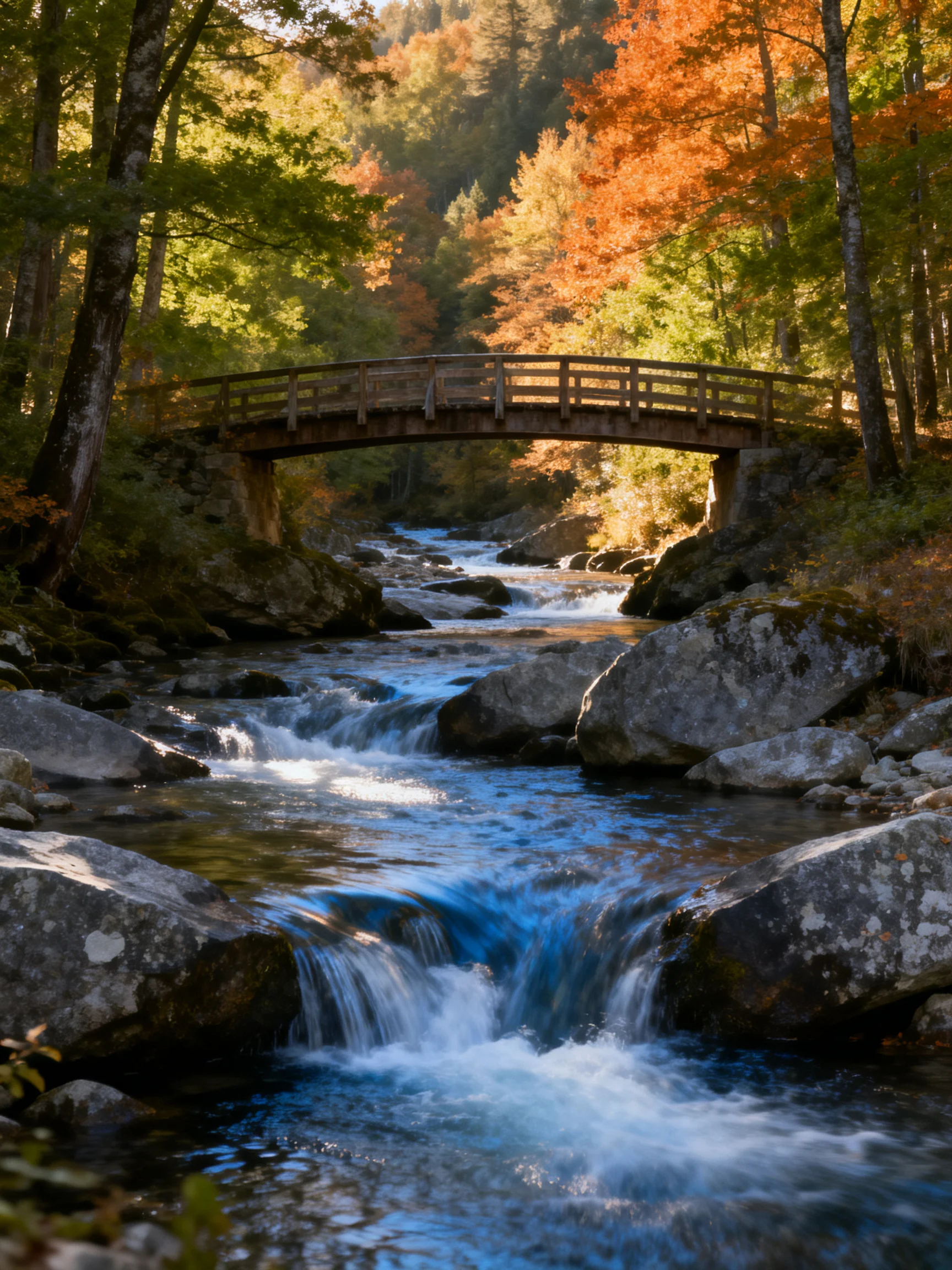 A wooden bridge spans a rushing stream amid vibrant fall foliage.