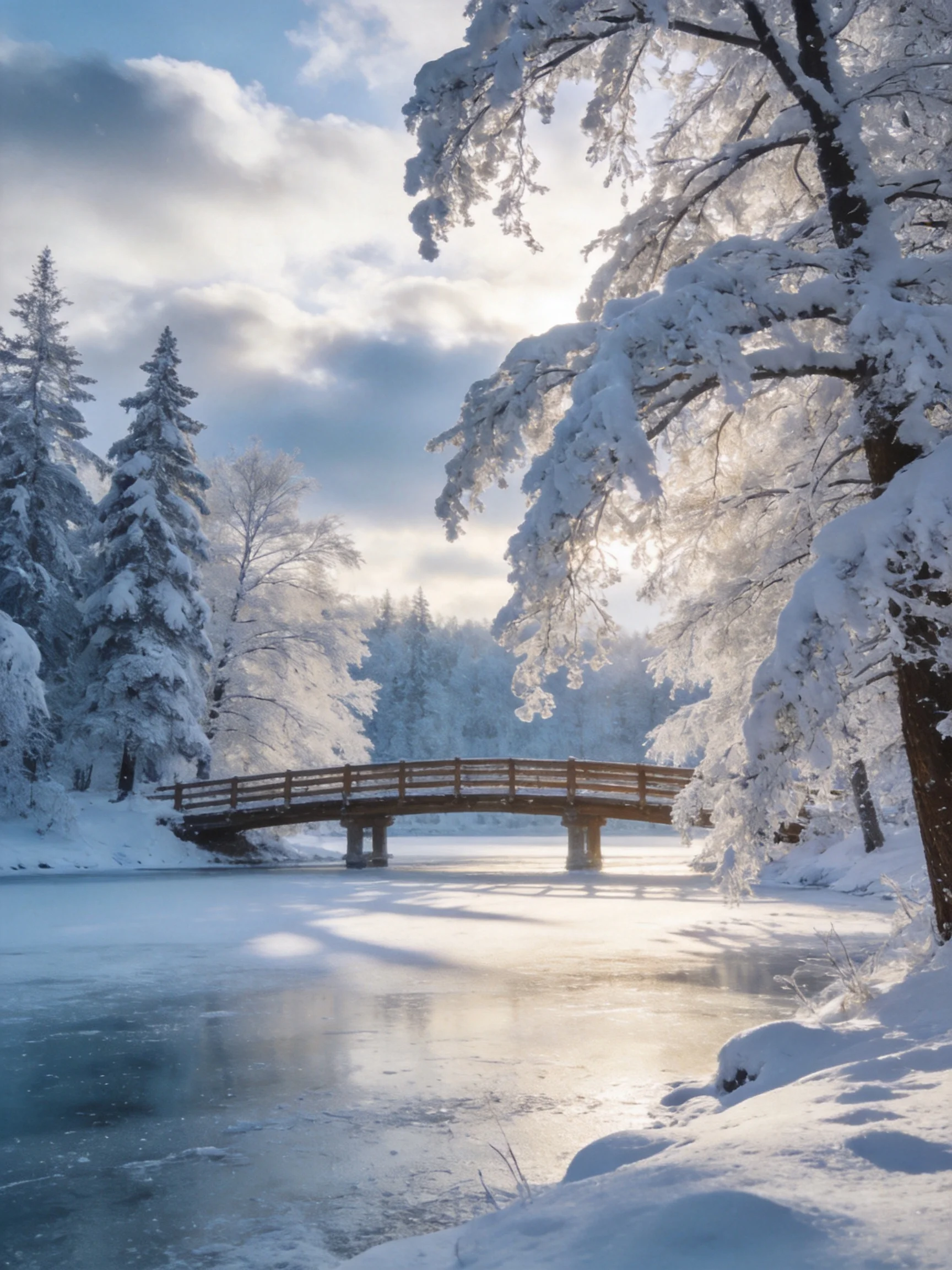 A wooden bridge spans a snow-covered frozen river among frosty trees
