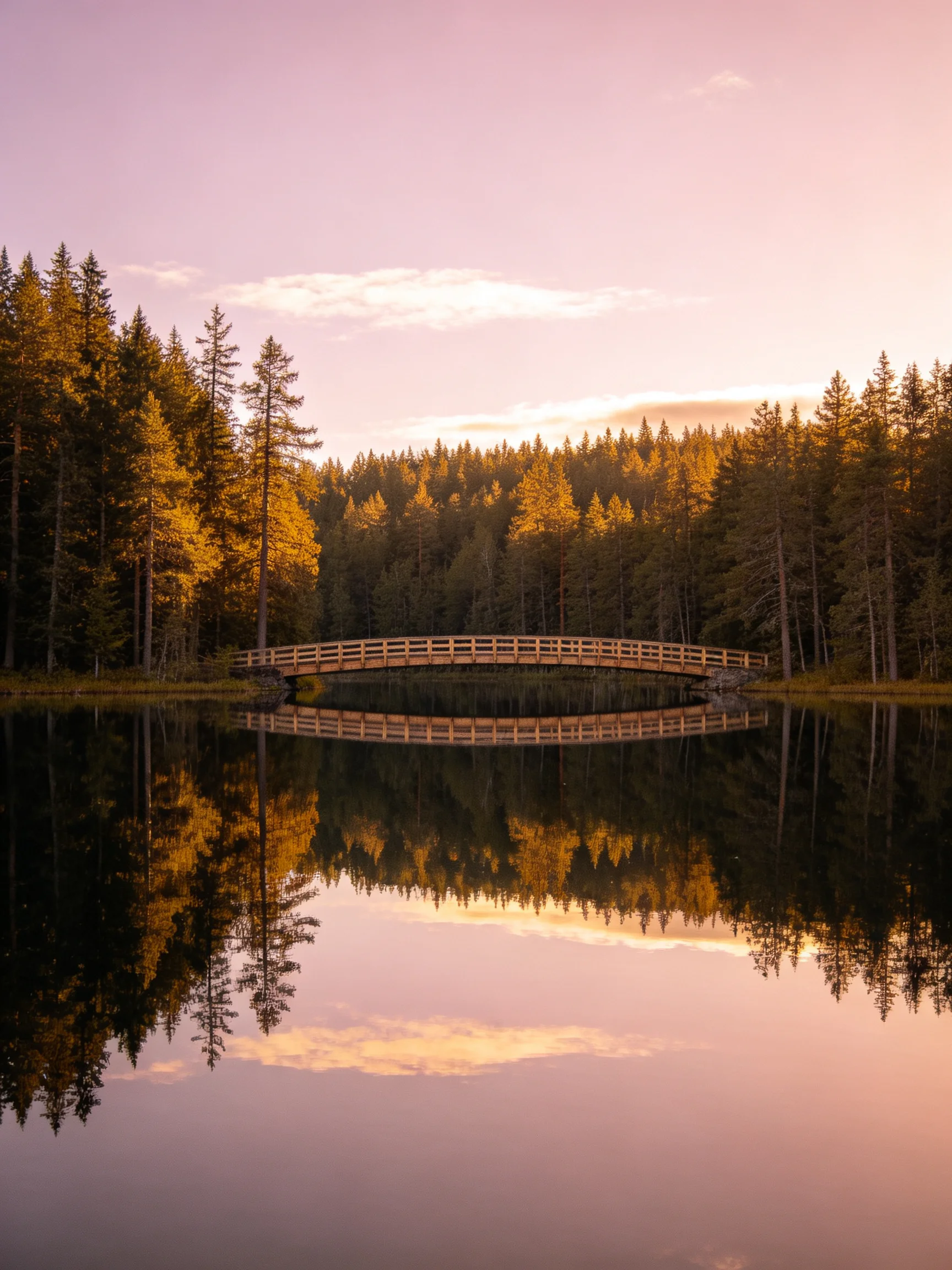 A wooden bridge spans a still lake amid golden forests under a pink-hued sky.