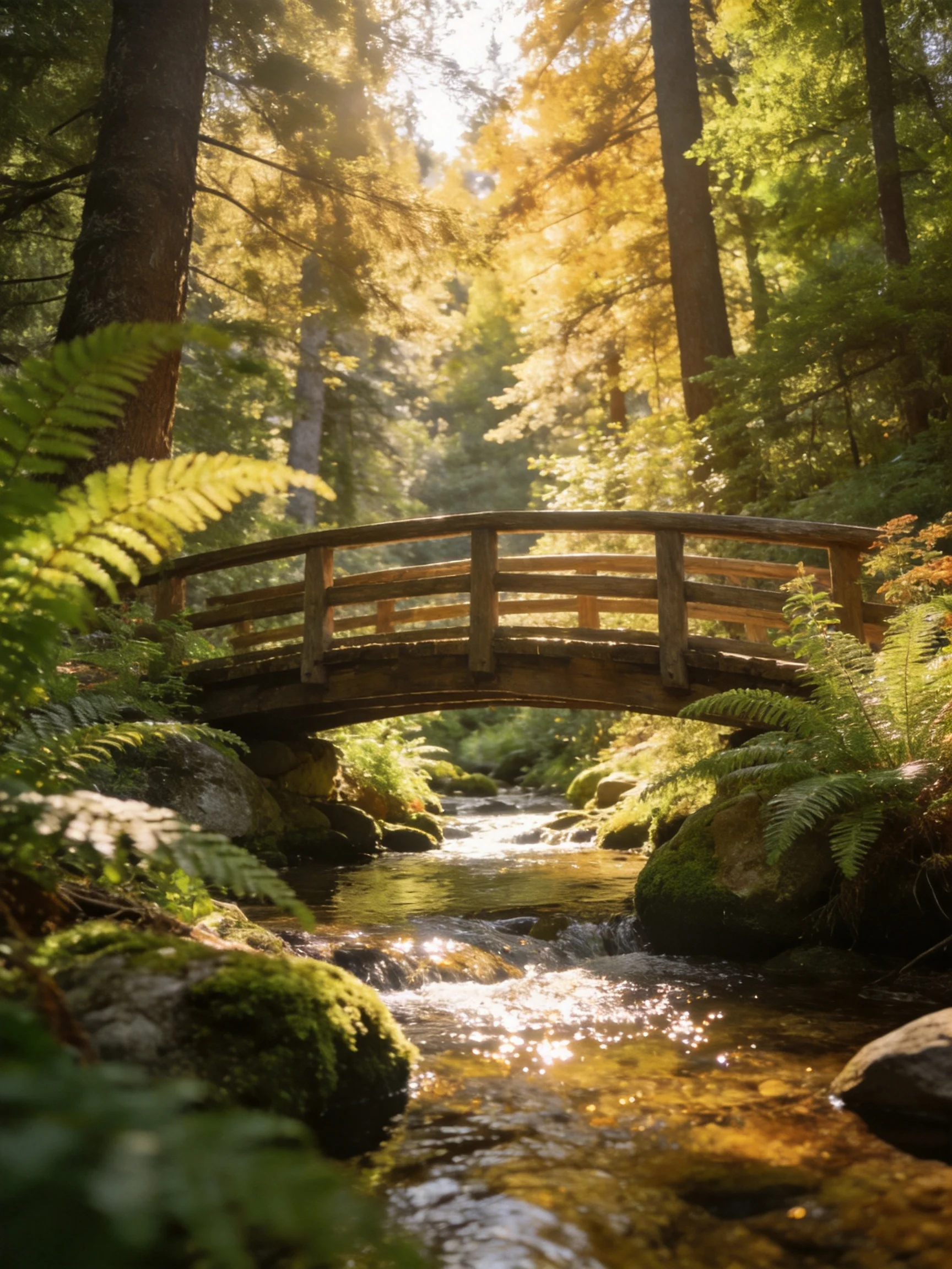 A wooden bridge spans a sunlit forest stream amid ferns and tall trees