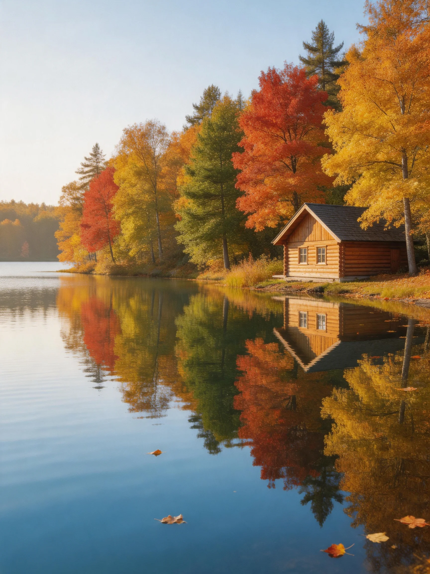 A wooden cabin beside a calm lake with vibrant fall foliage reflections