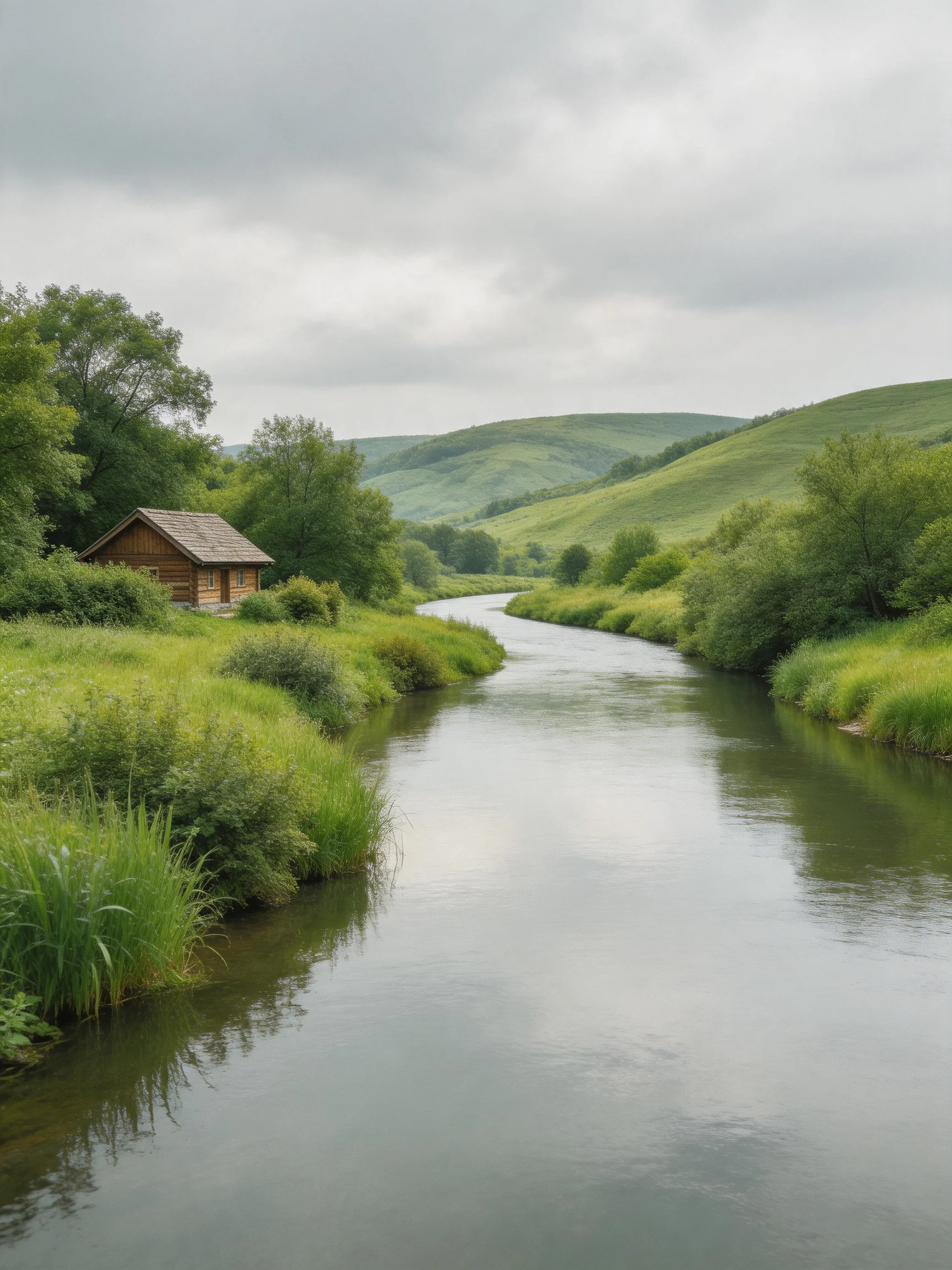 A wooden cabin beside a winding river through lush green hills