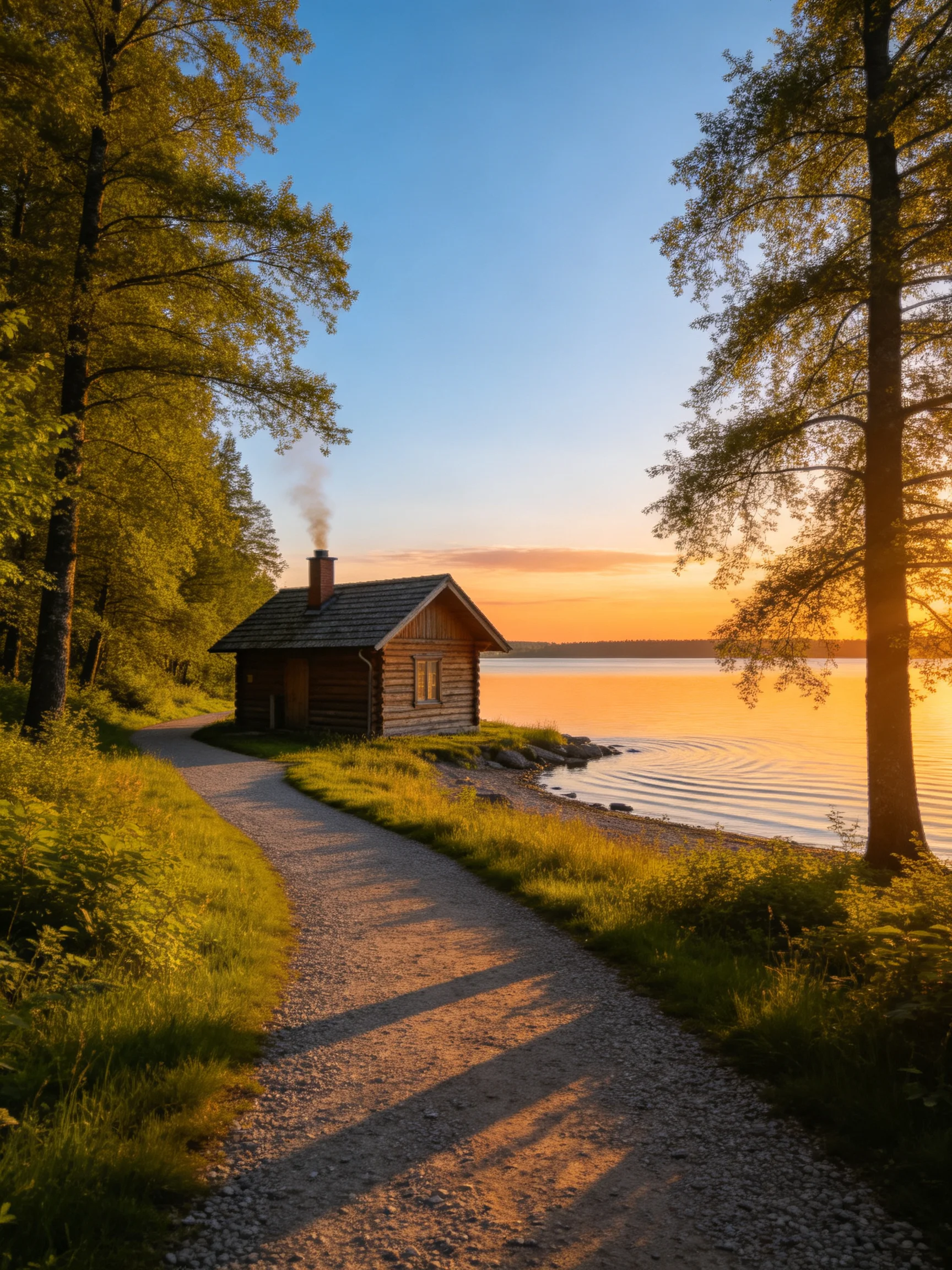 A wooden cabin by a lakeside path at golden hour
