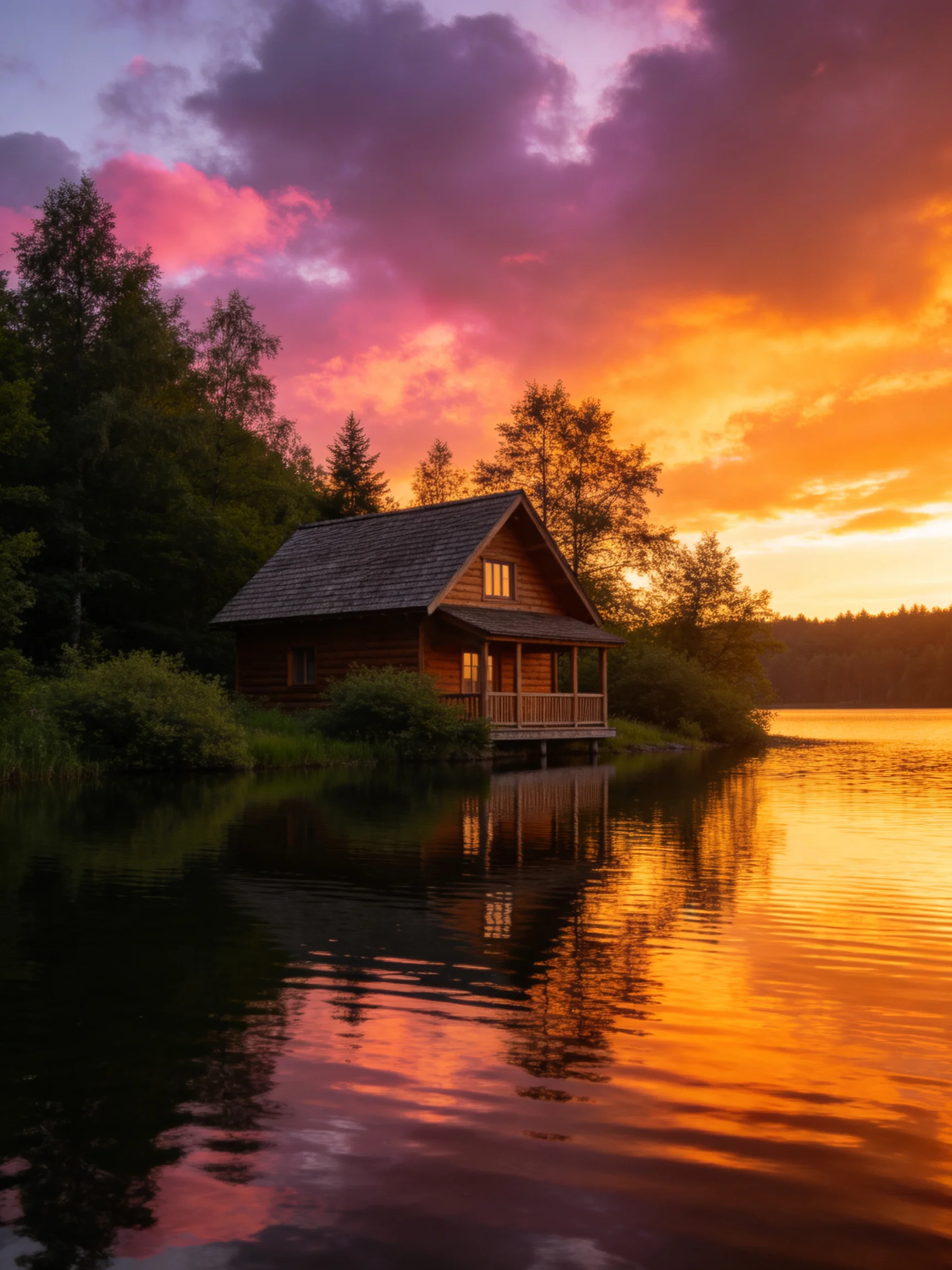 A wooden cabin by a serene lake under vibrant sunset skies