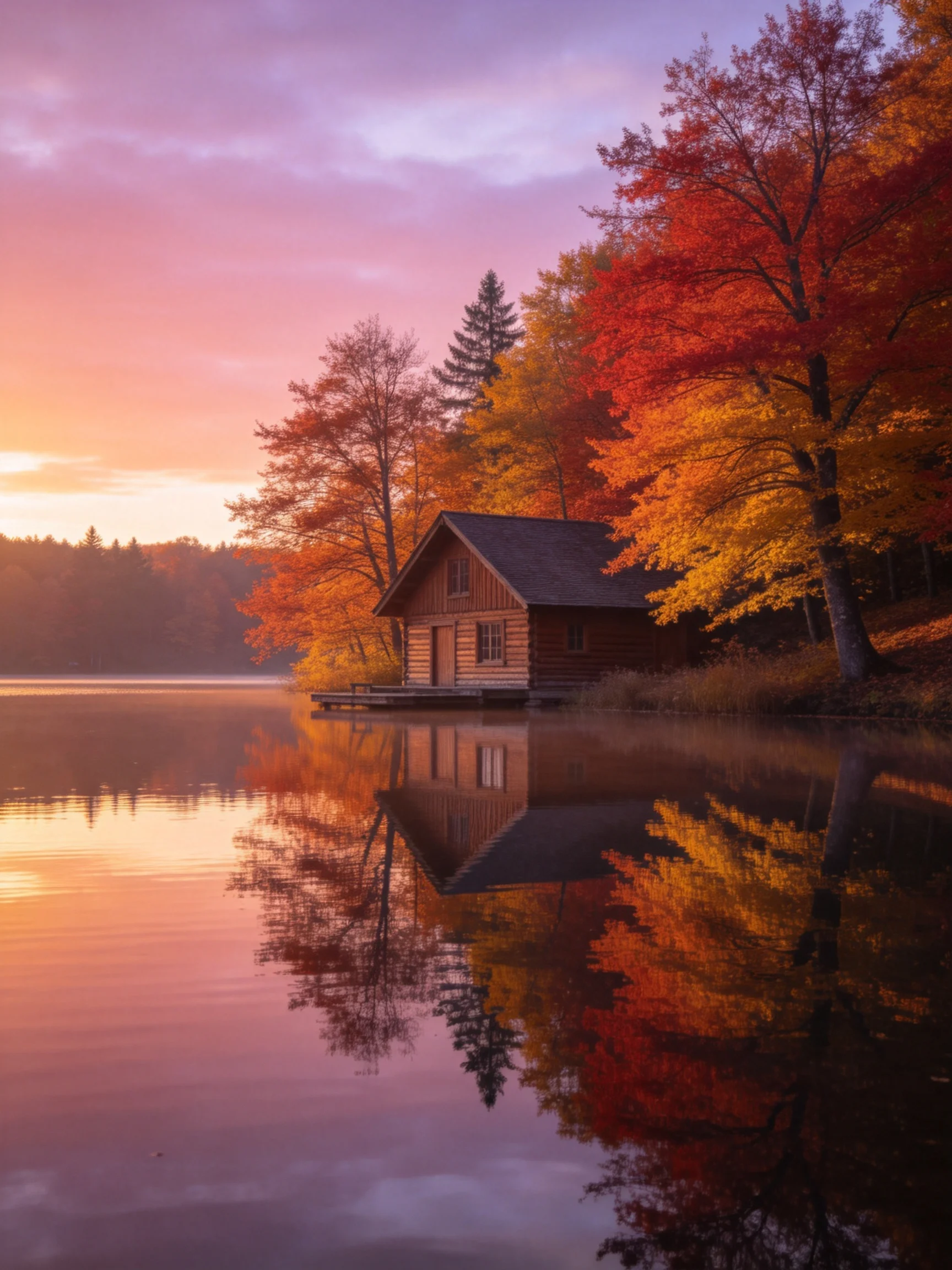 A wooden cabin near a still lake with vibrant fall foliage