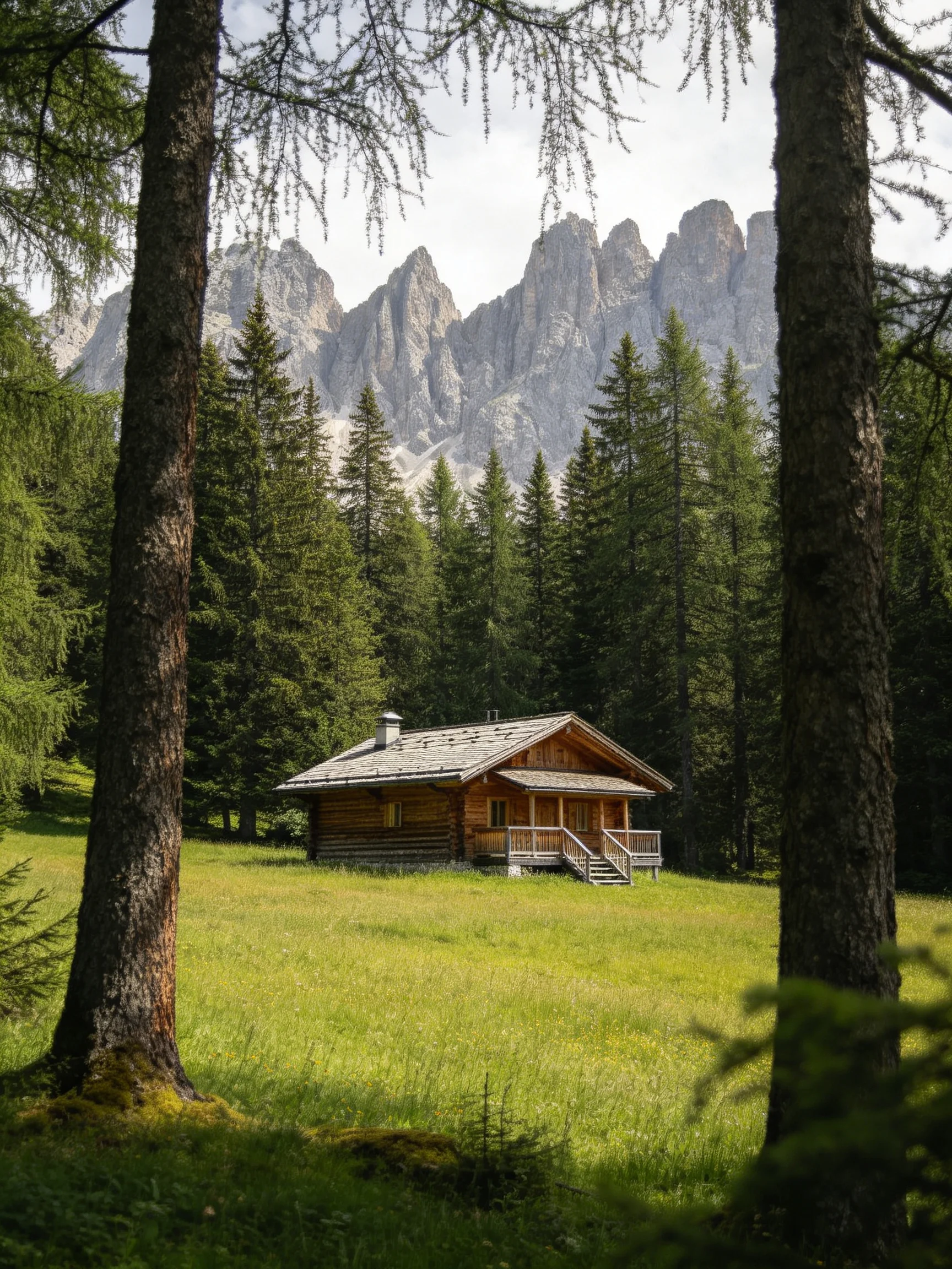 A wooden cabin nestled among tall pines with jagged mountains behind