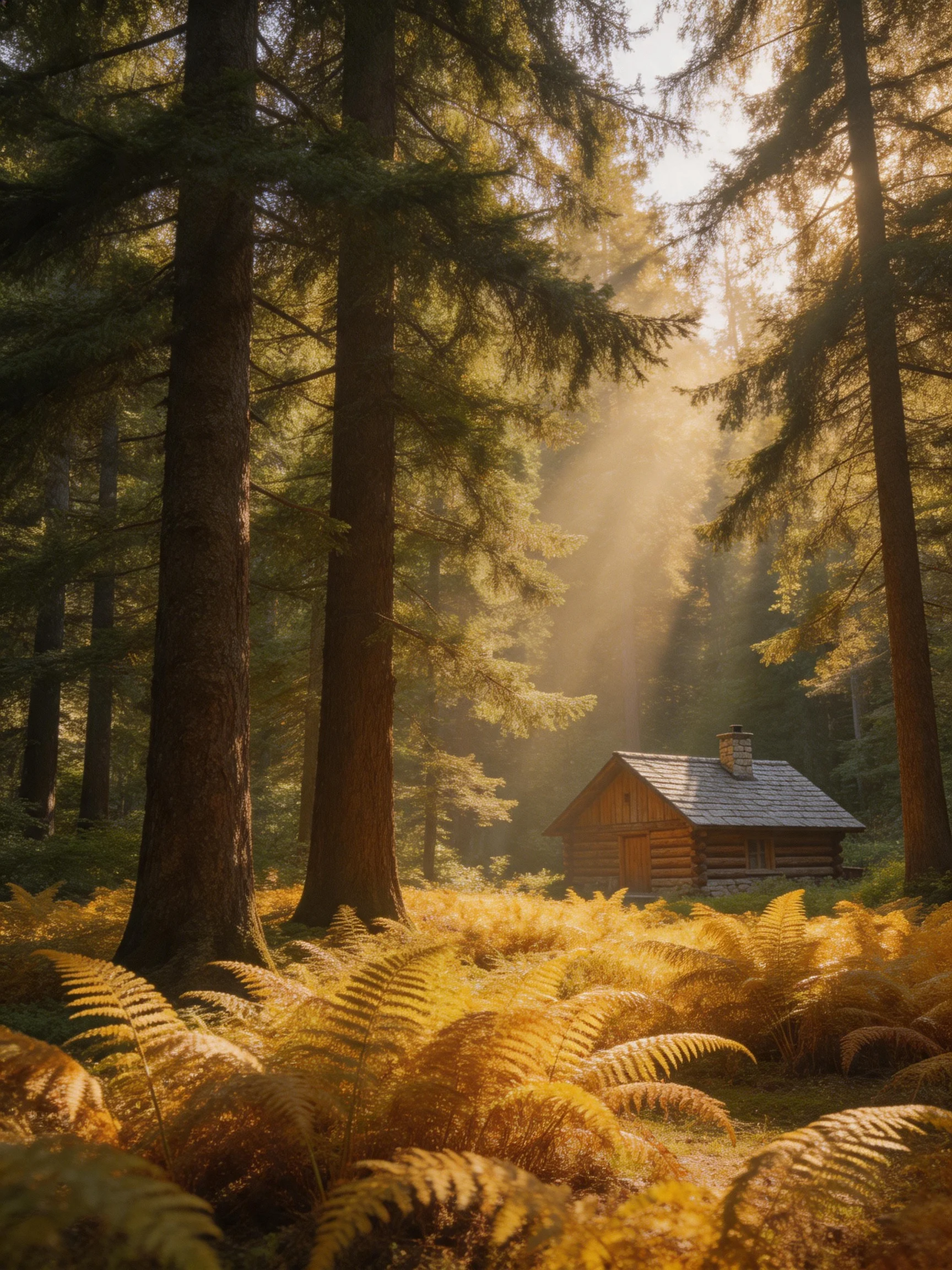 A wooden cabin nestled among towering evergreens and golden ferns