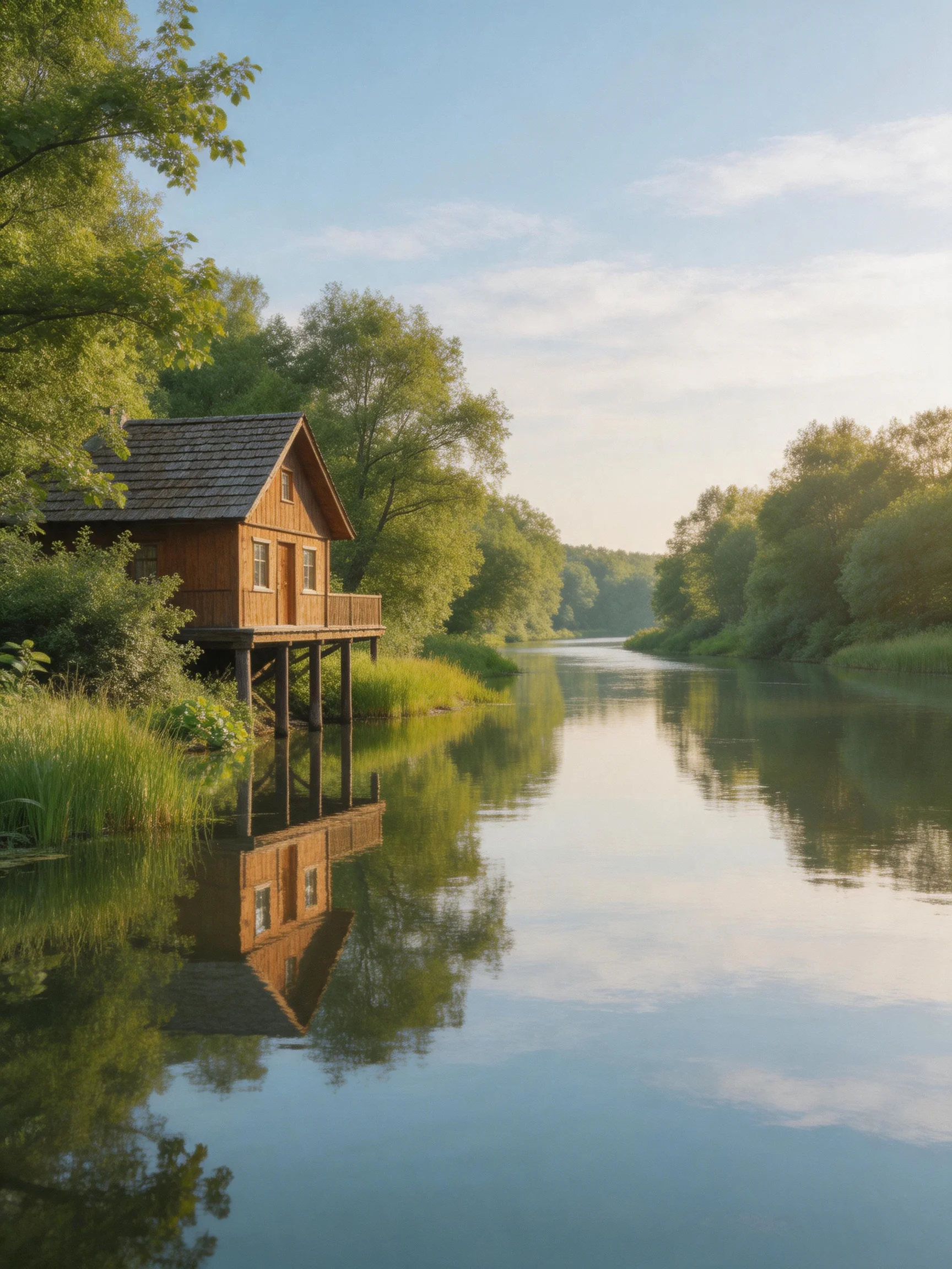 A wooden cabin on stilts beside a tranquil river