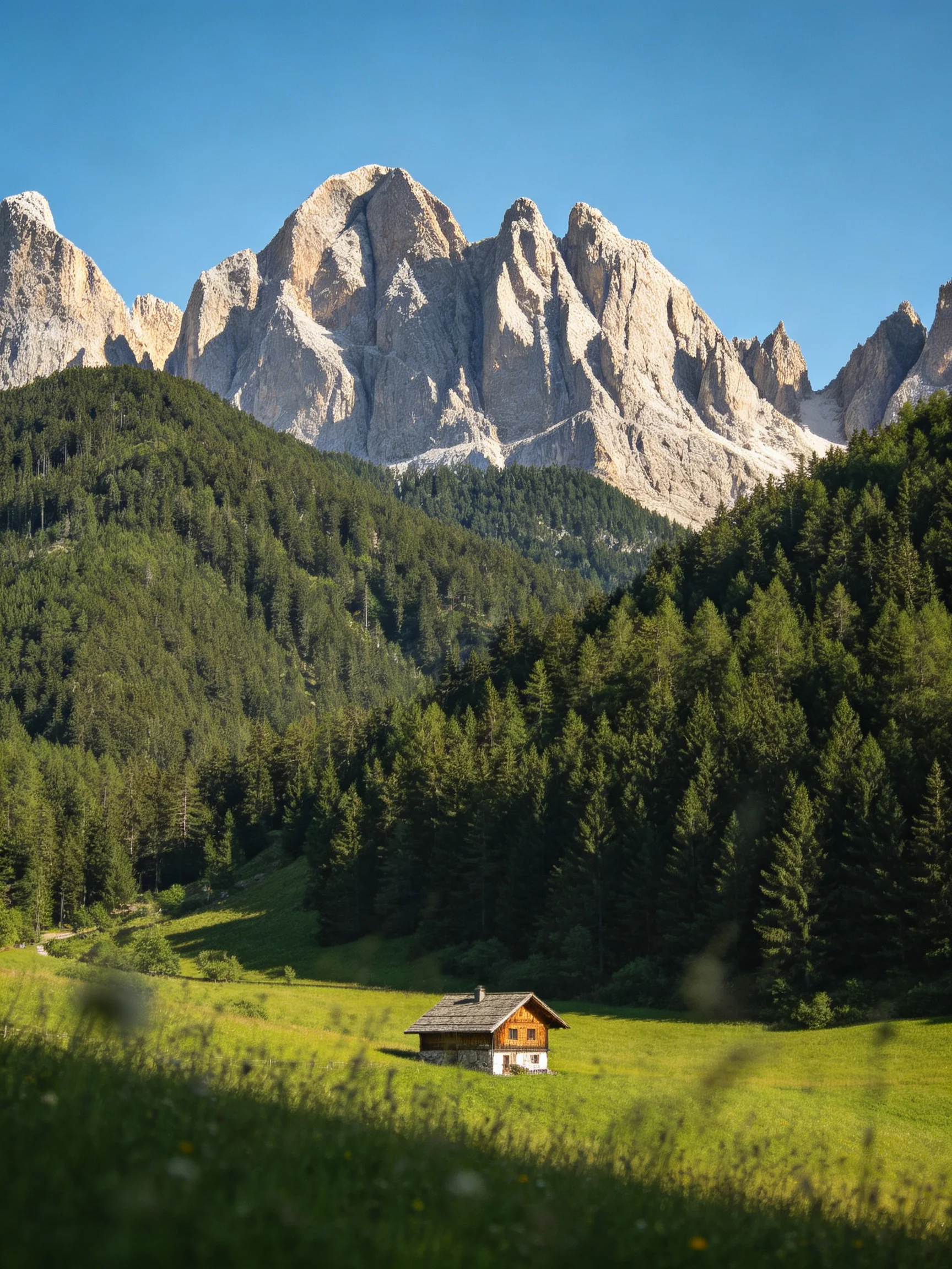 A wooden cabin sits amid lush meadows and towering rocky peaks