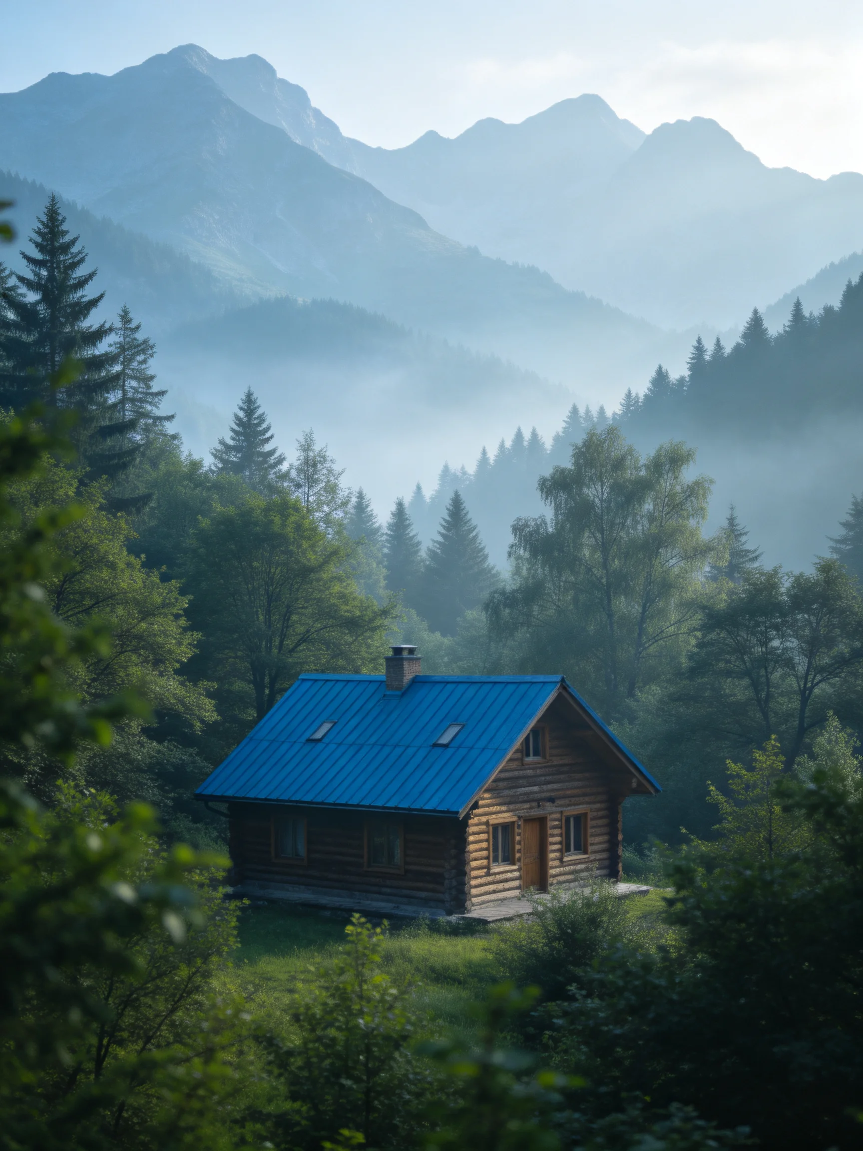 A wooden cabin with blue roof in misty mountain forest