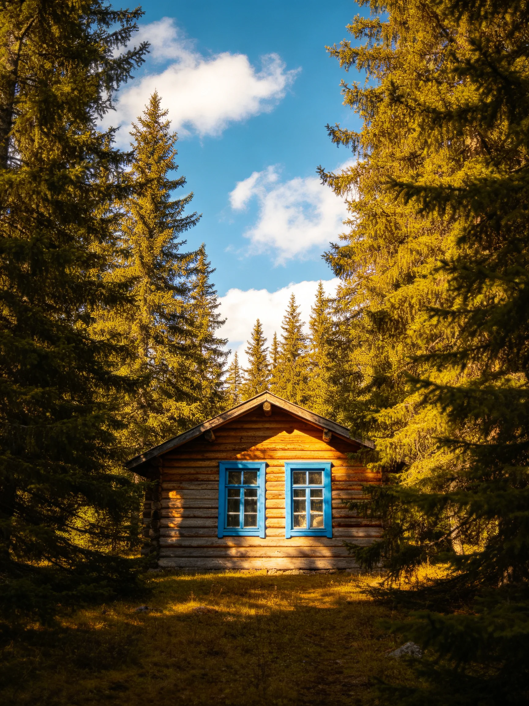 A wooden cabin with blue windows nestled among tall evergreen trees
