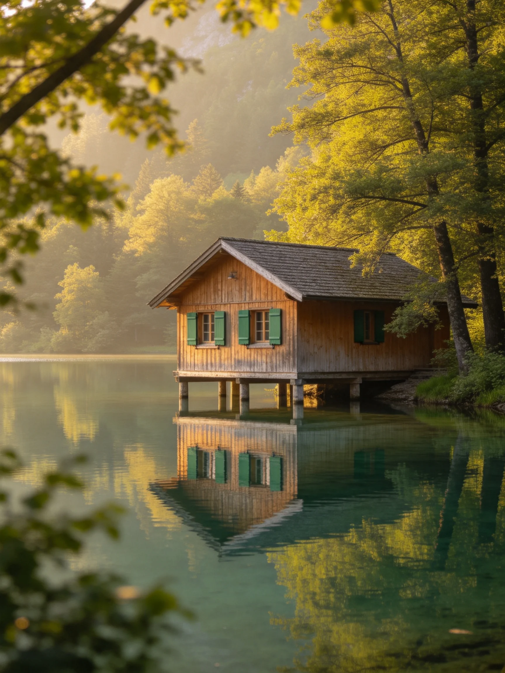 A wooden cabin with green shutters sits atop stilts over calm turquoise water