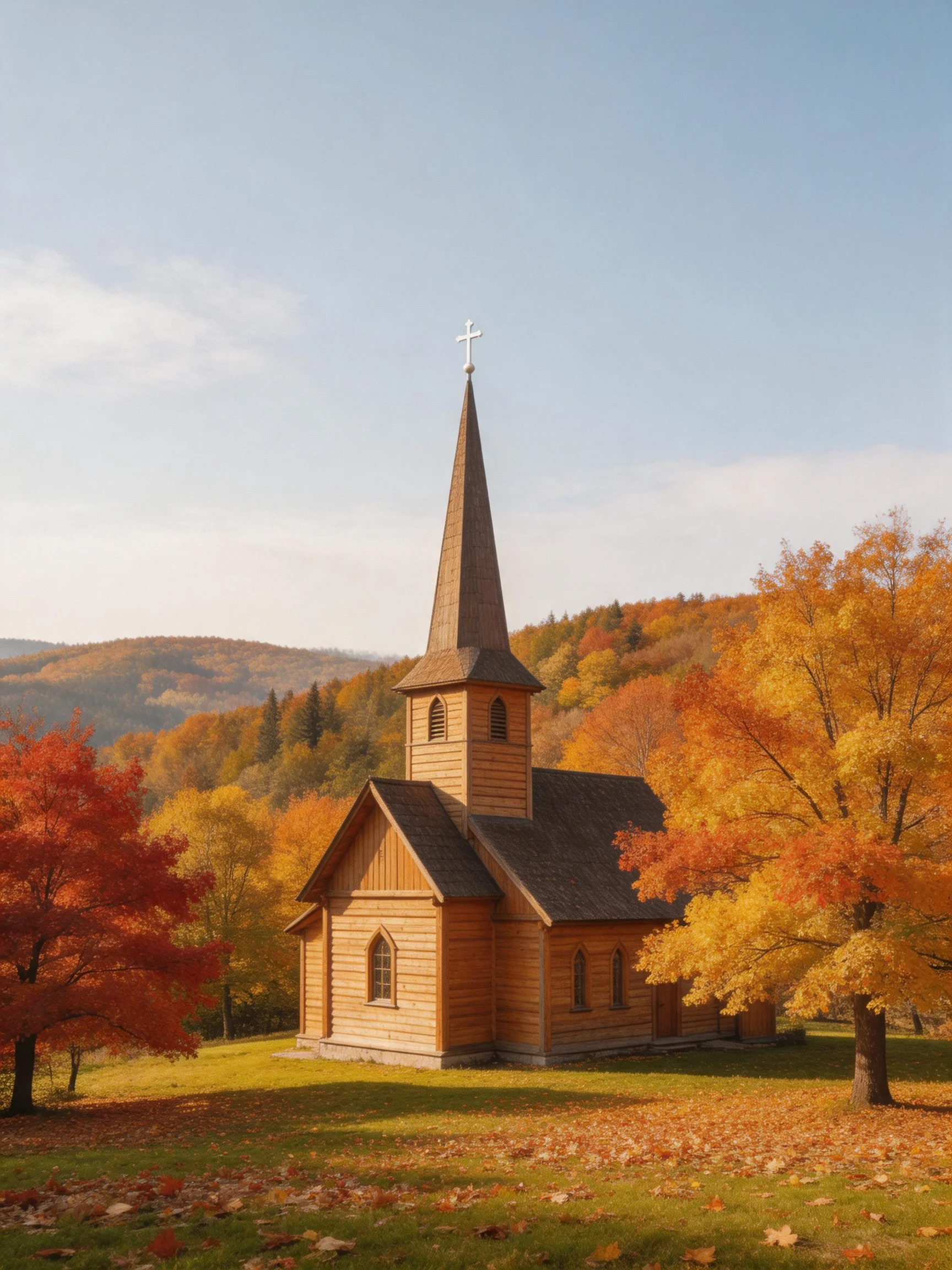 A wooden church amid colorful autumn trees and rolling hills