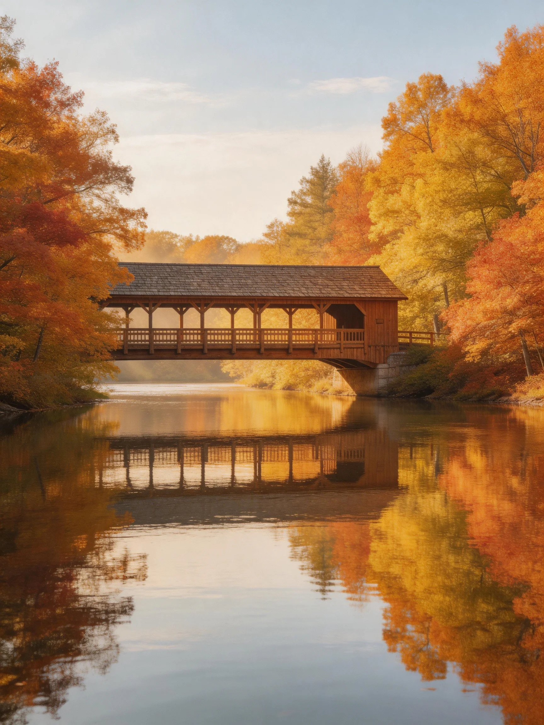 A wooden covered bridge spans calm river amid vibrant fall foliage