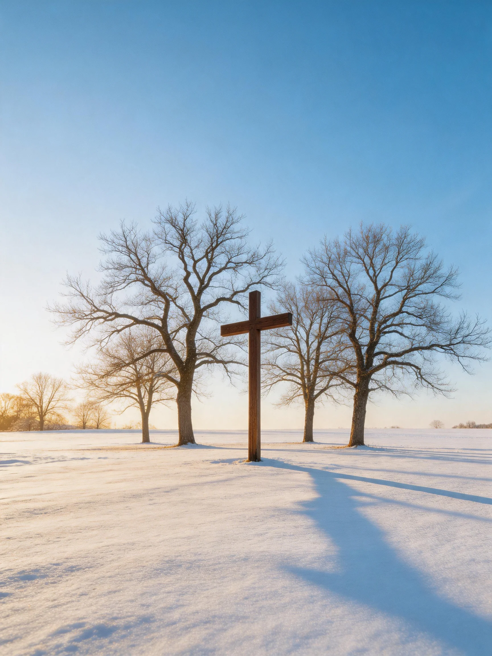 A wooden cross stands among bare trees in a snowy field under clear blue sky