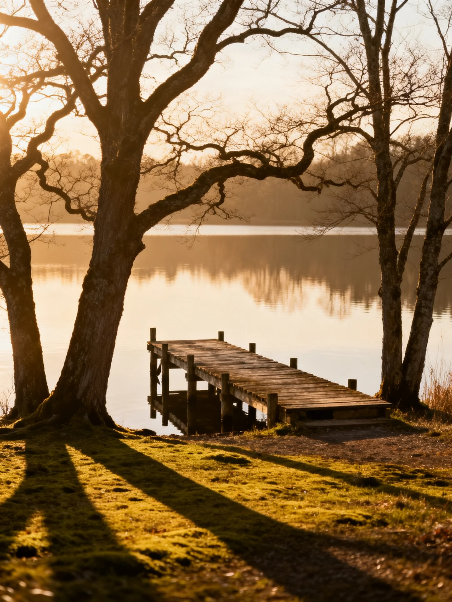A wooden dock beside tall bare trees near a calm lake at golden hour