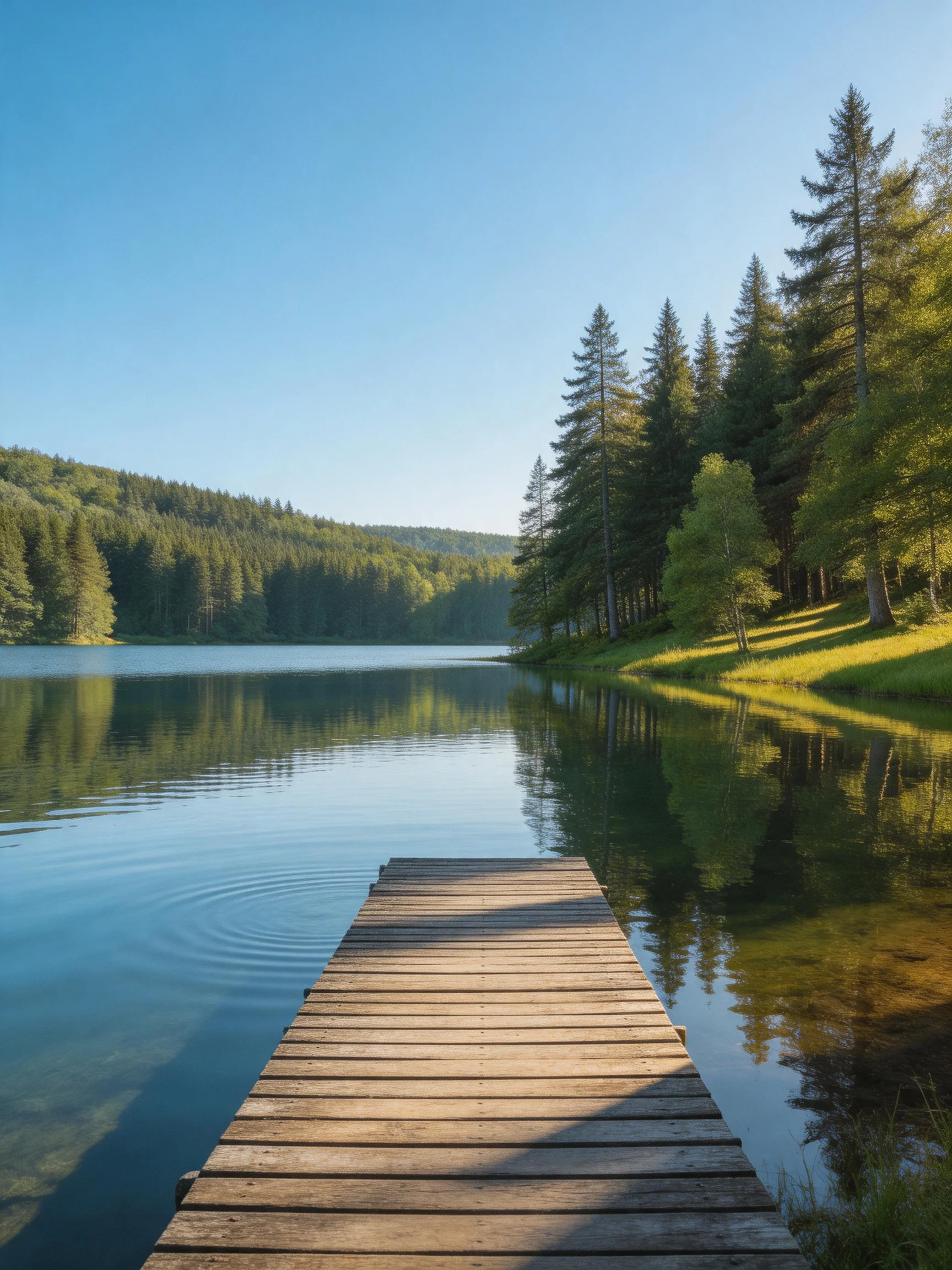 A wooden dock extends into a calm blue lake with dense green forests