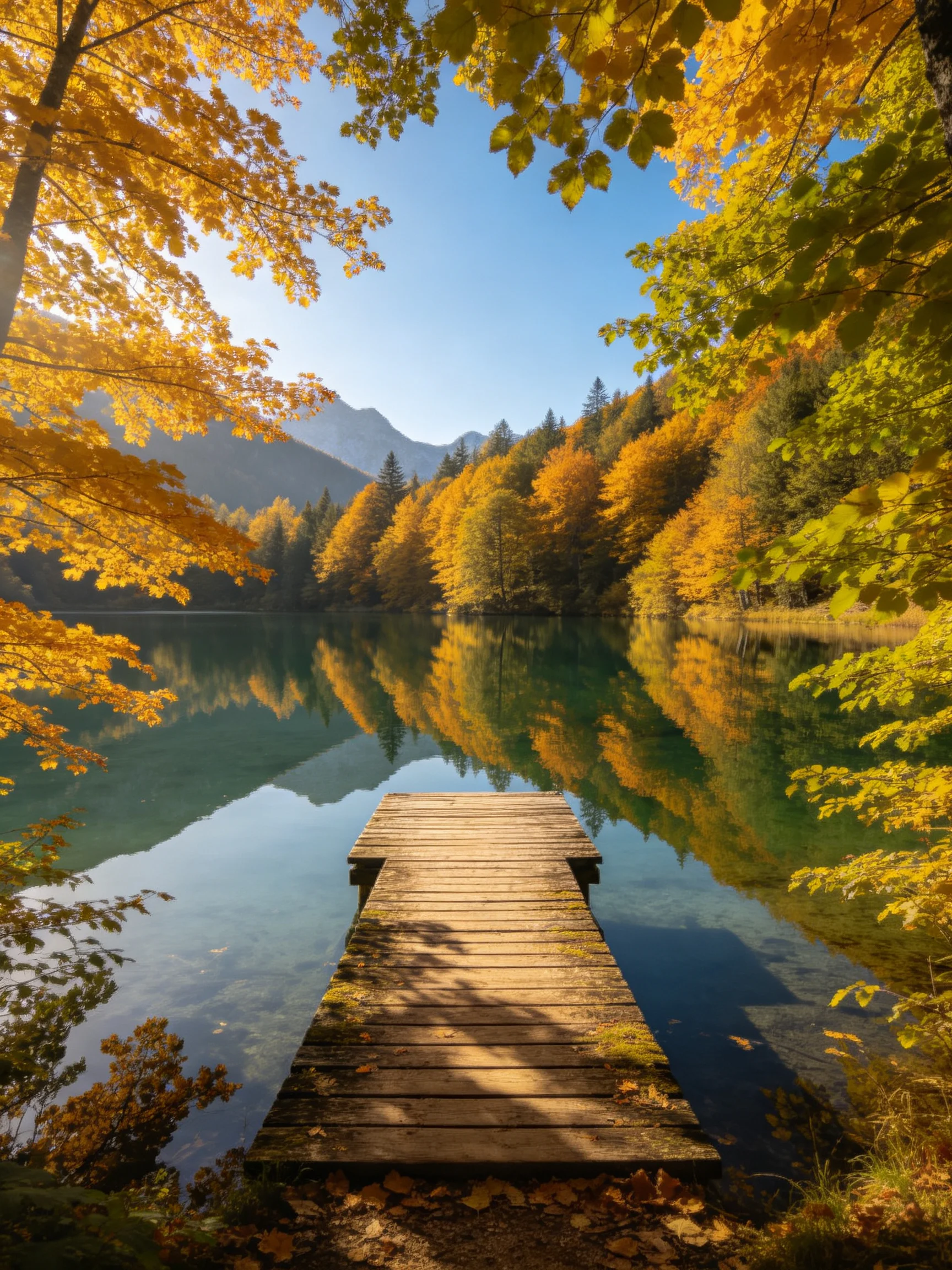 A wooden dock extends into a calm lake with golden autumn trees reflected in water