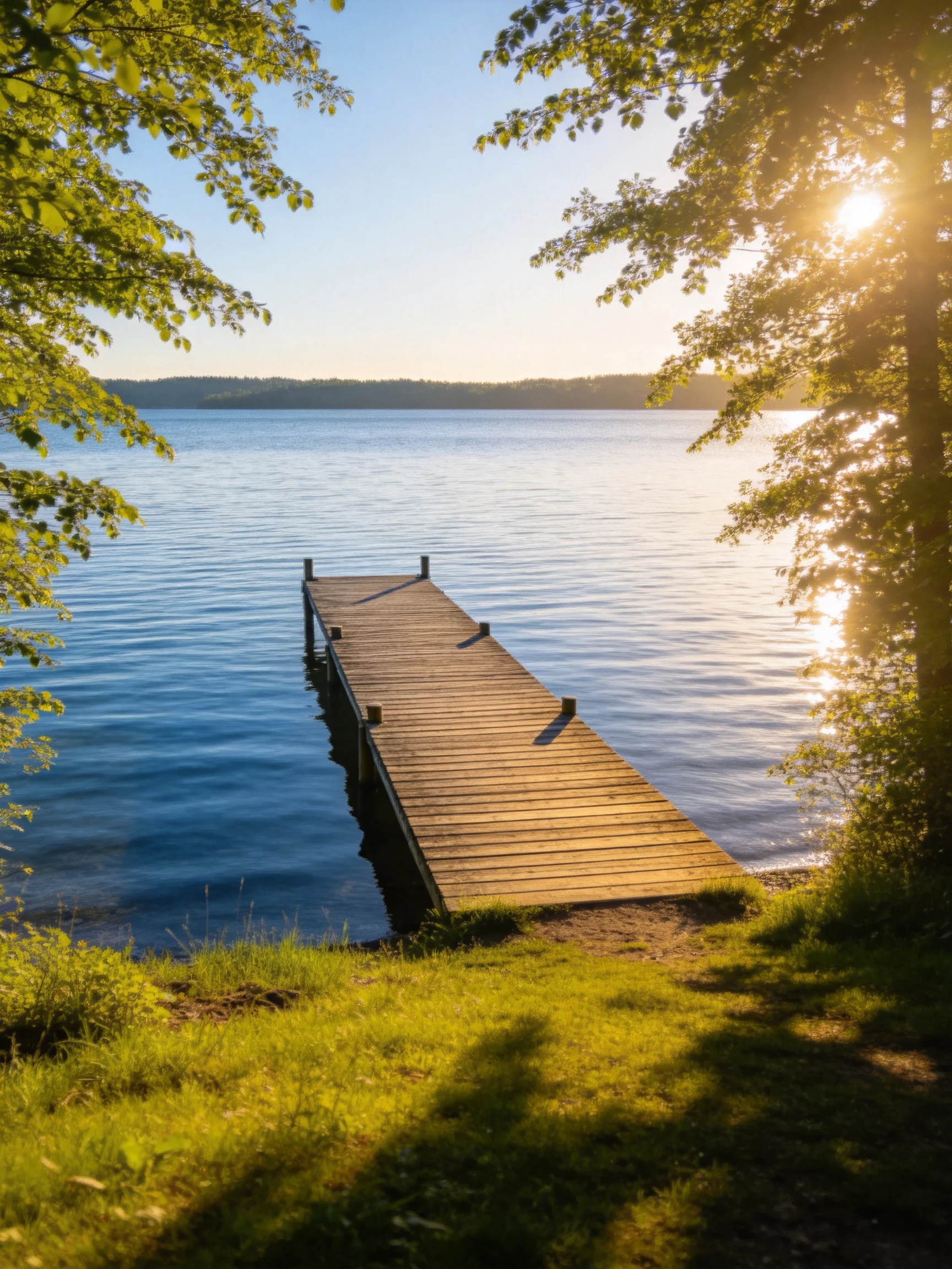 A wooden dock extends into calm blue waters near lush greenery