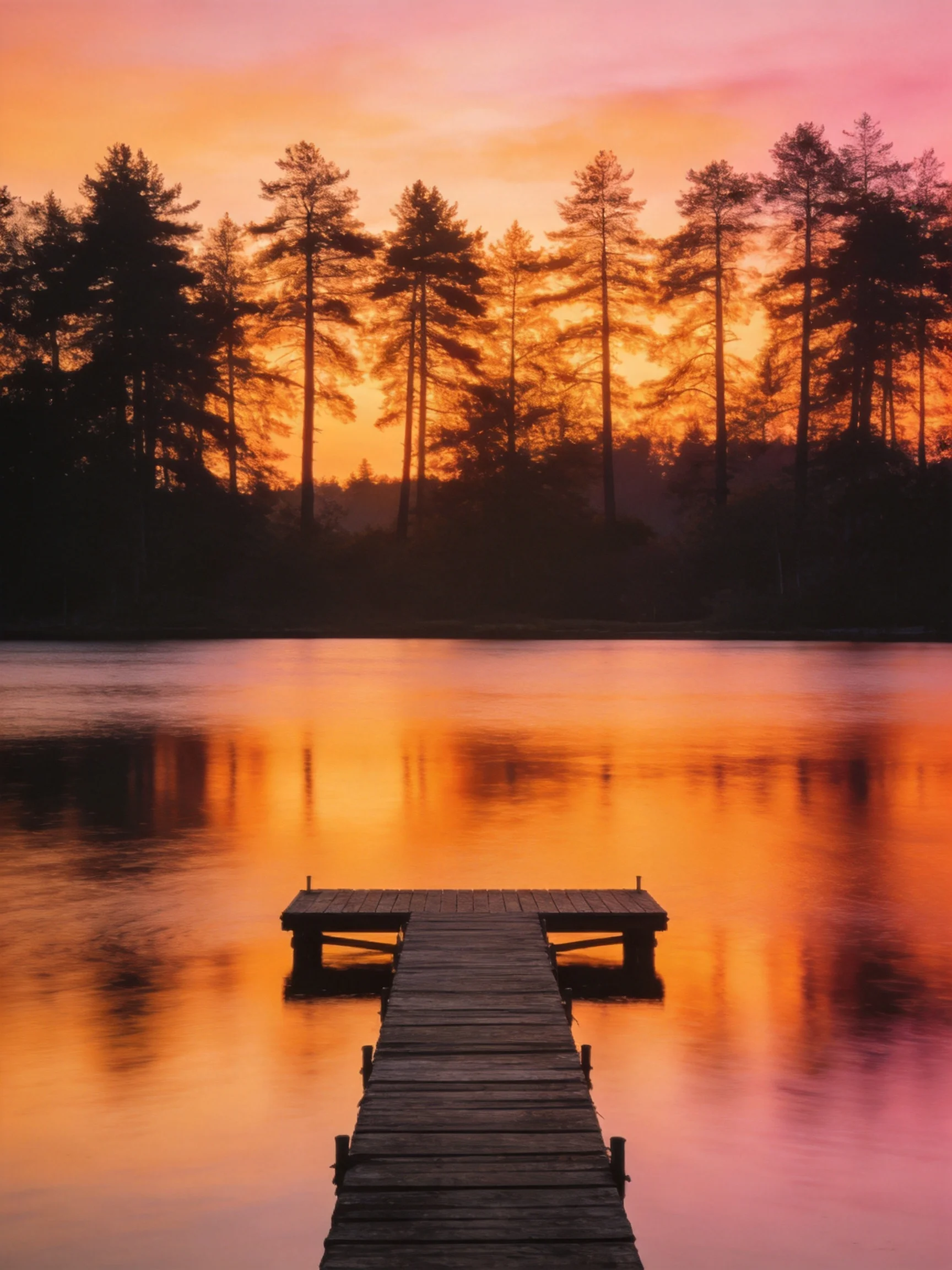 A wooden dock extends into calm waters with silhouetted pine trees at sunset