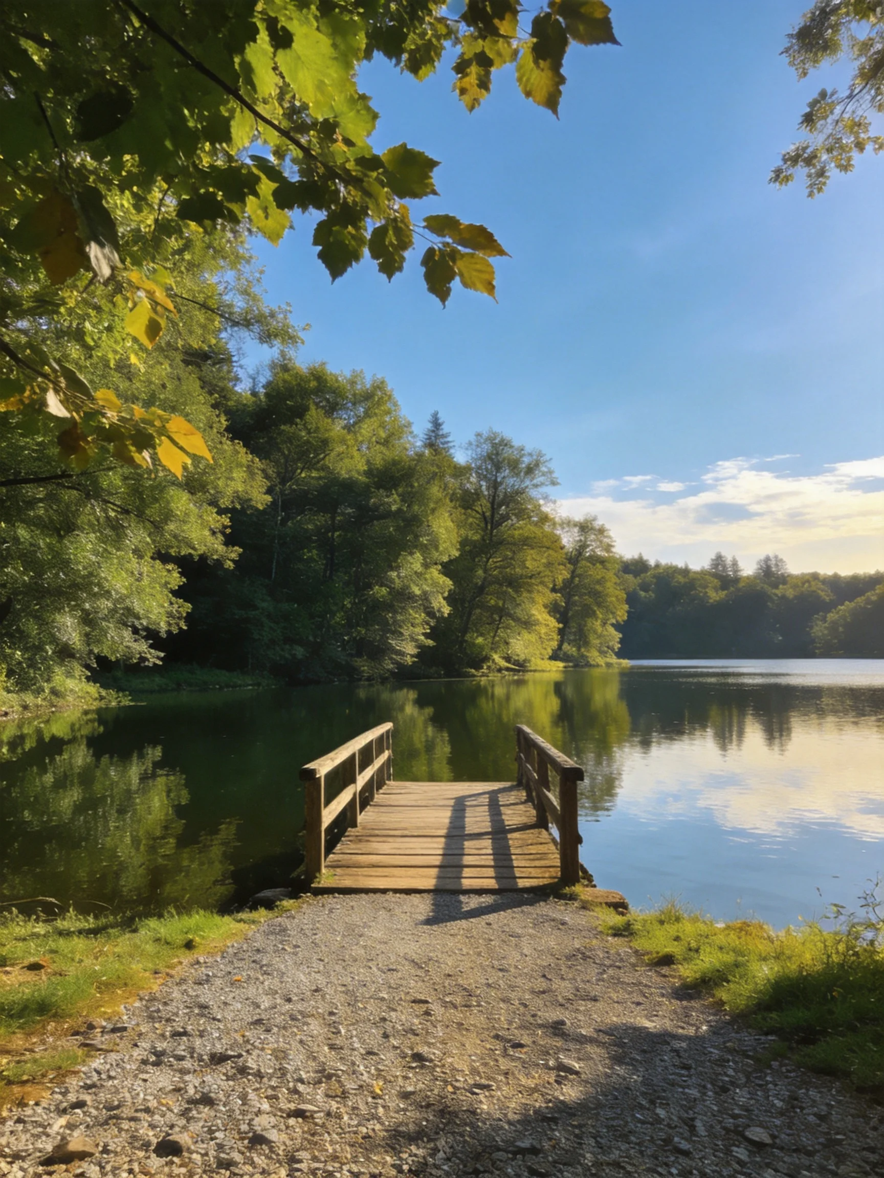 A wooden dock extends over a calm lake amid lush green trees