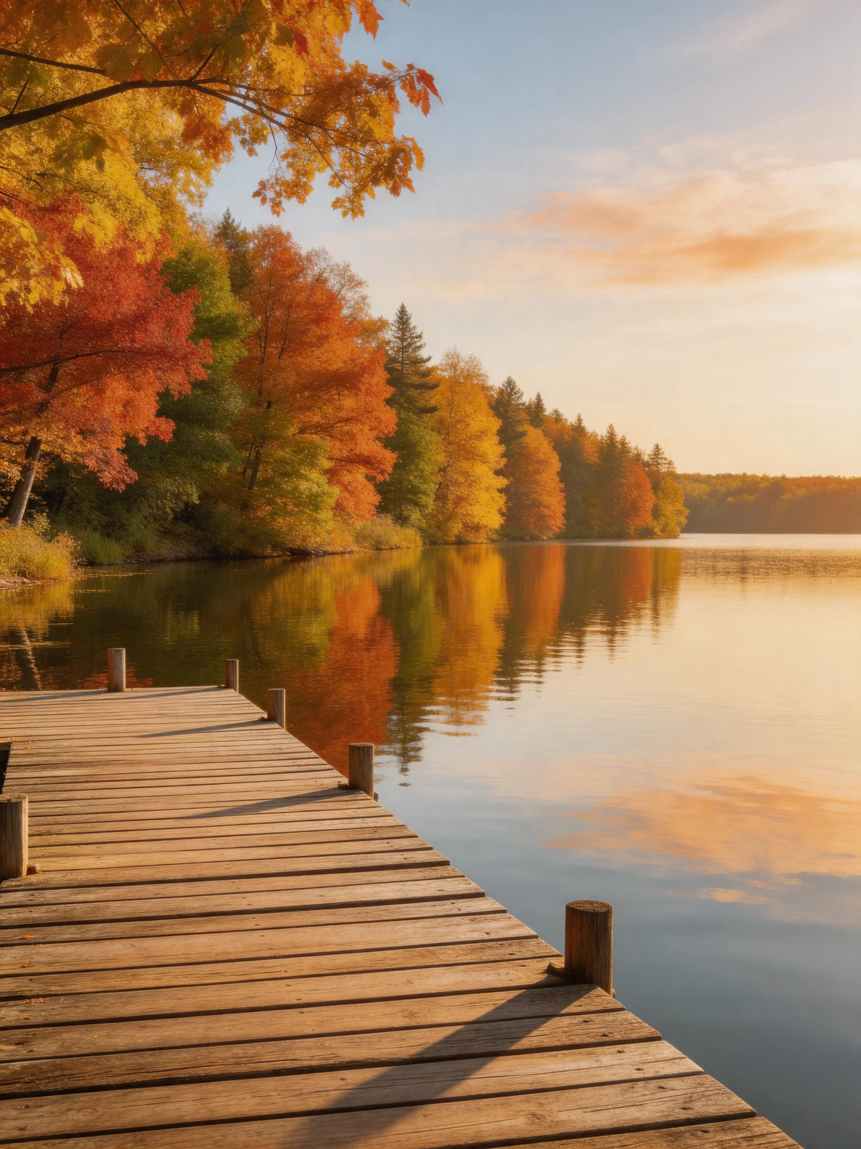 A wooden dock extends over a calm lake with vibrant autumn foliage reflected in still water