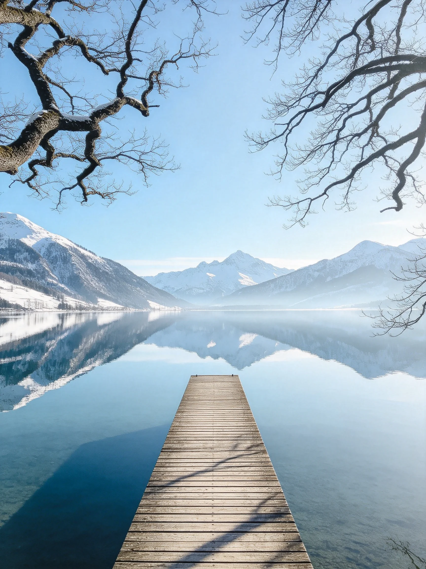A wooden dock extends over a serene lake with snow-c capped mountains