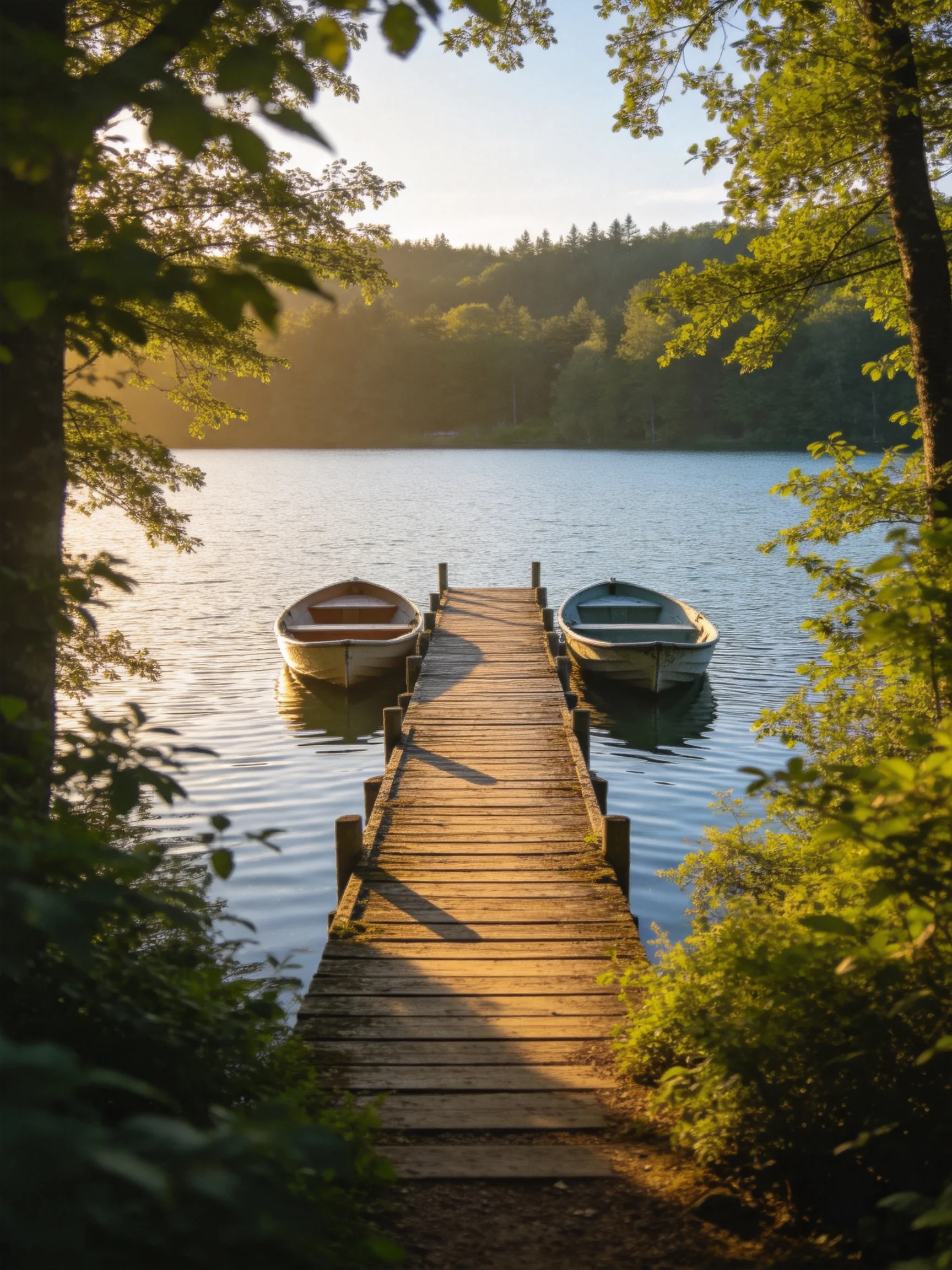 A wooden dock extends over calm blue water with two boats