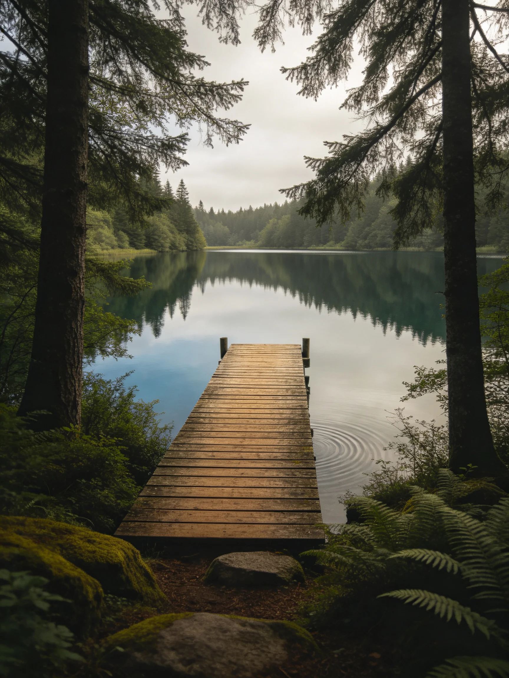 A wooden dock leads into a calm forest lake surrounded by tall trees