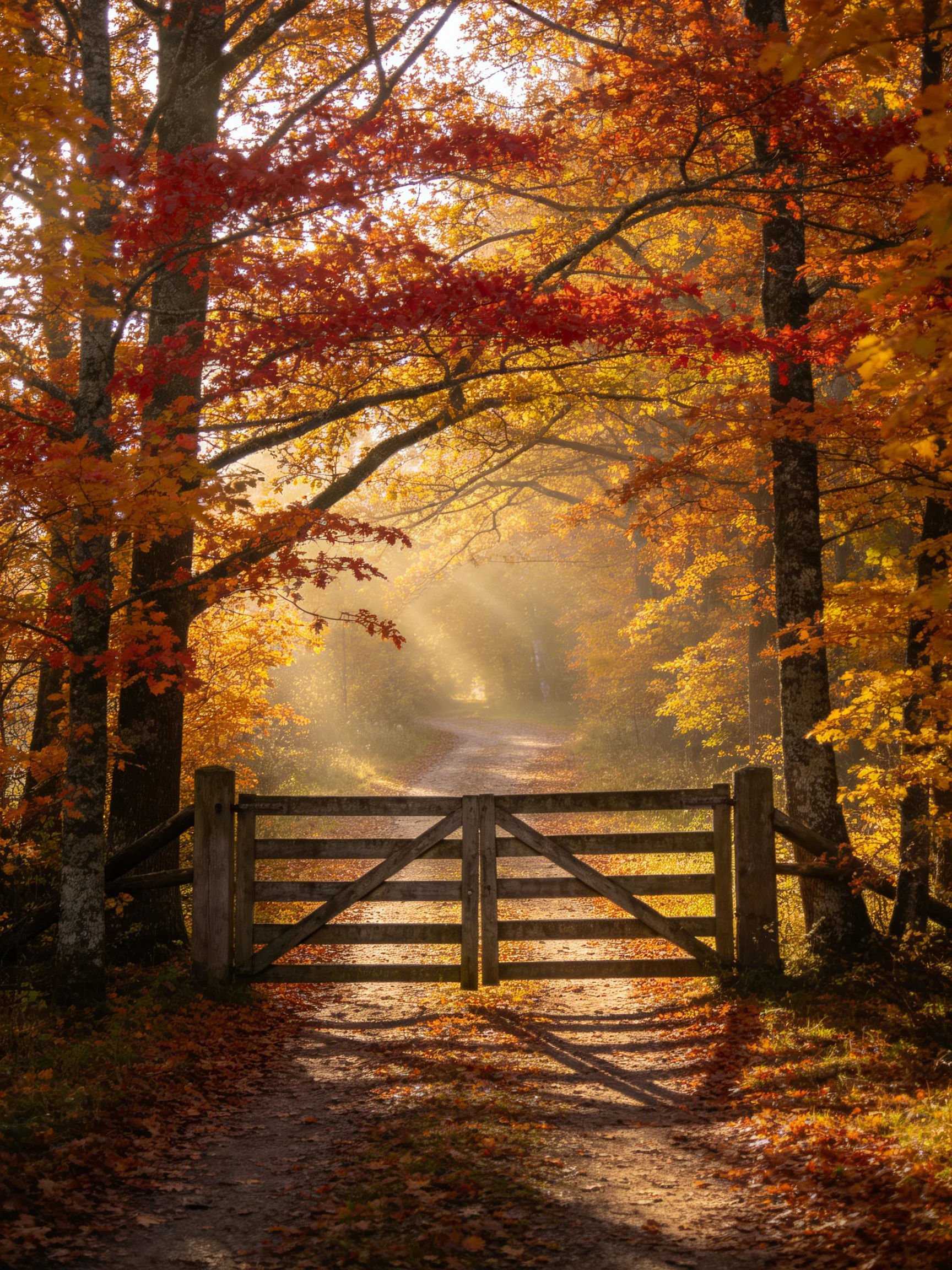 A wooden gate blocks a forest path amid vibrant fall foliage