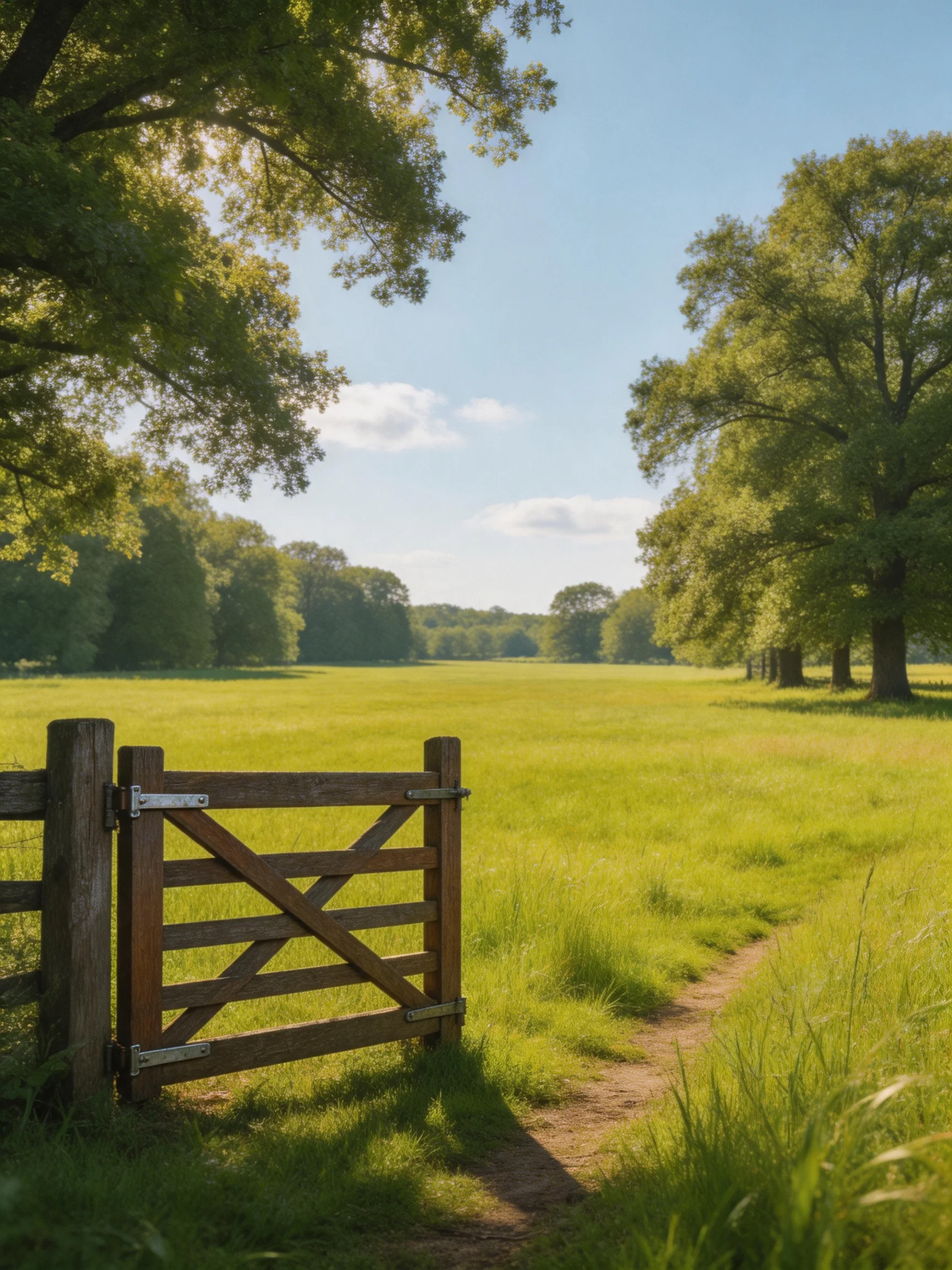 A wooden gate leads into a sun-drenched green meadow with tall trees
