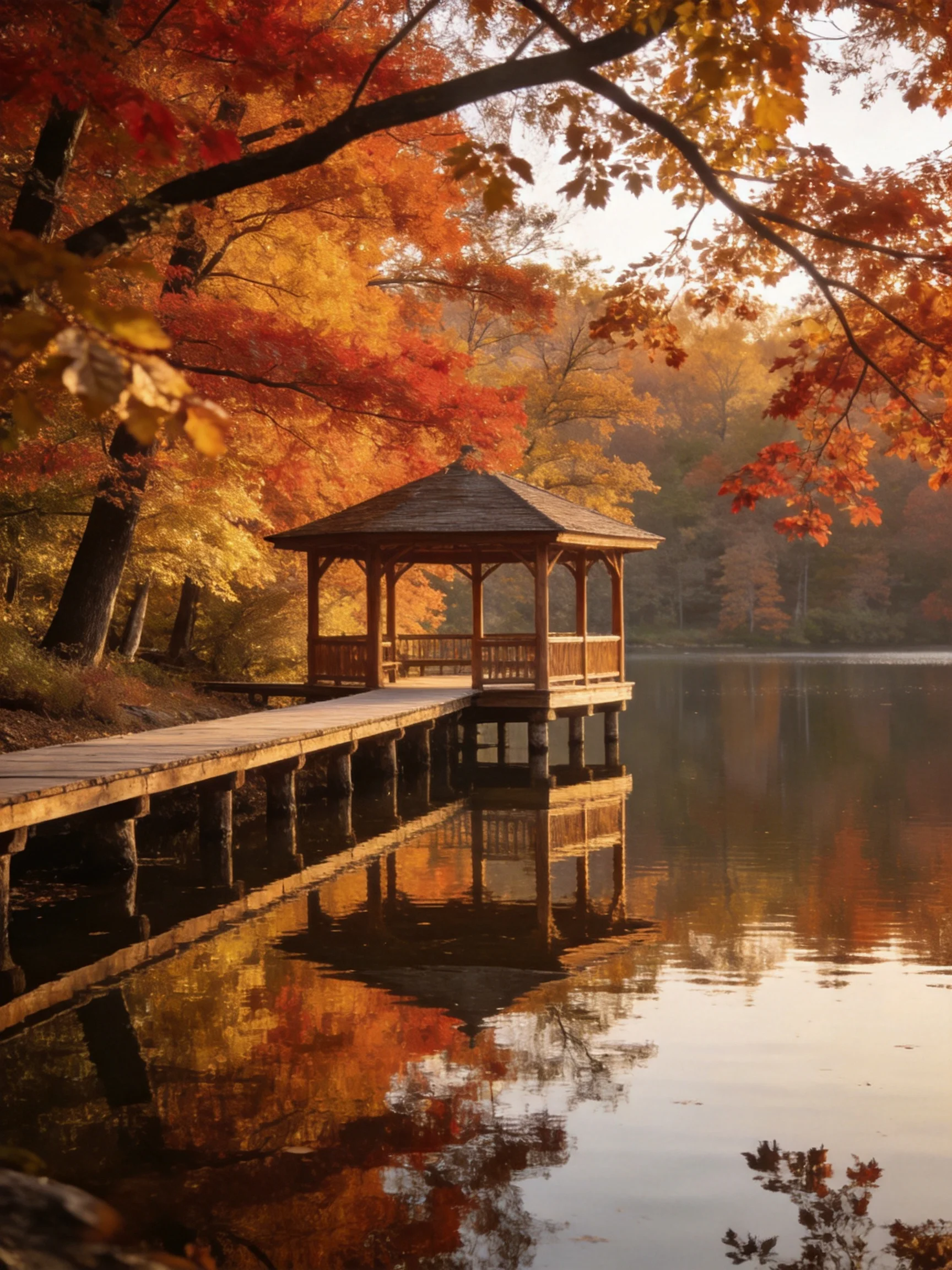 A wooden gazebo extends over calm water amid vibrant fall foliage.