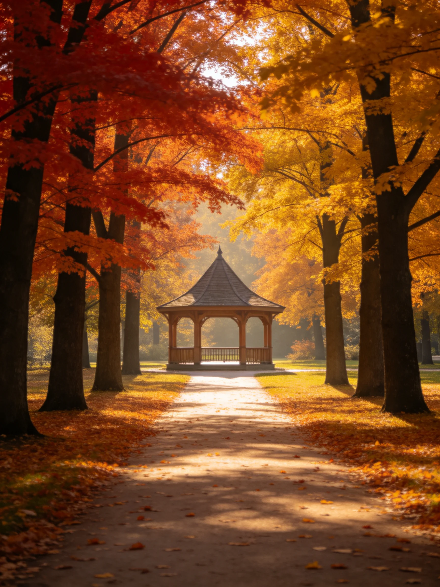 A wooden gazebo surrounded by vibrant fall foliage along a leaf-strewn path