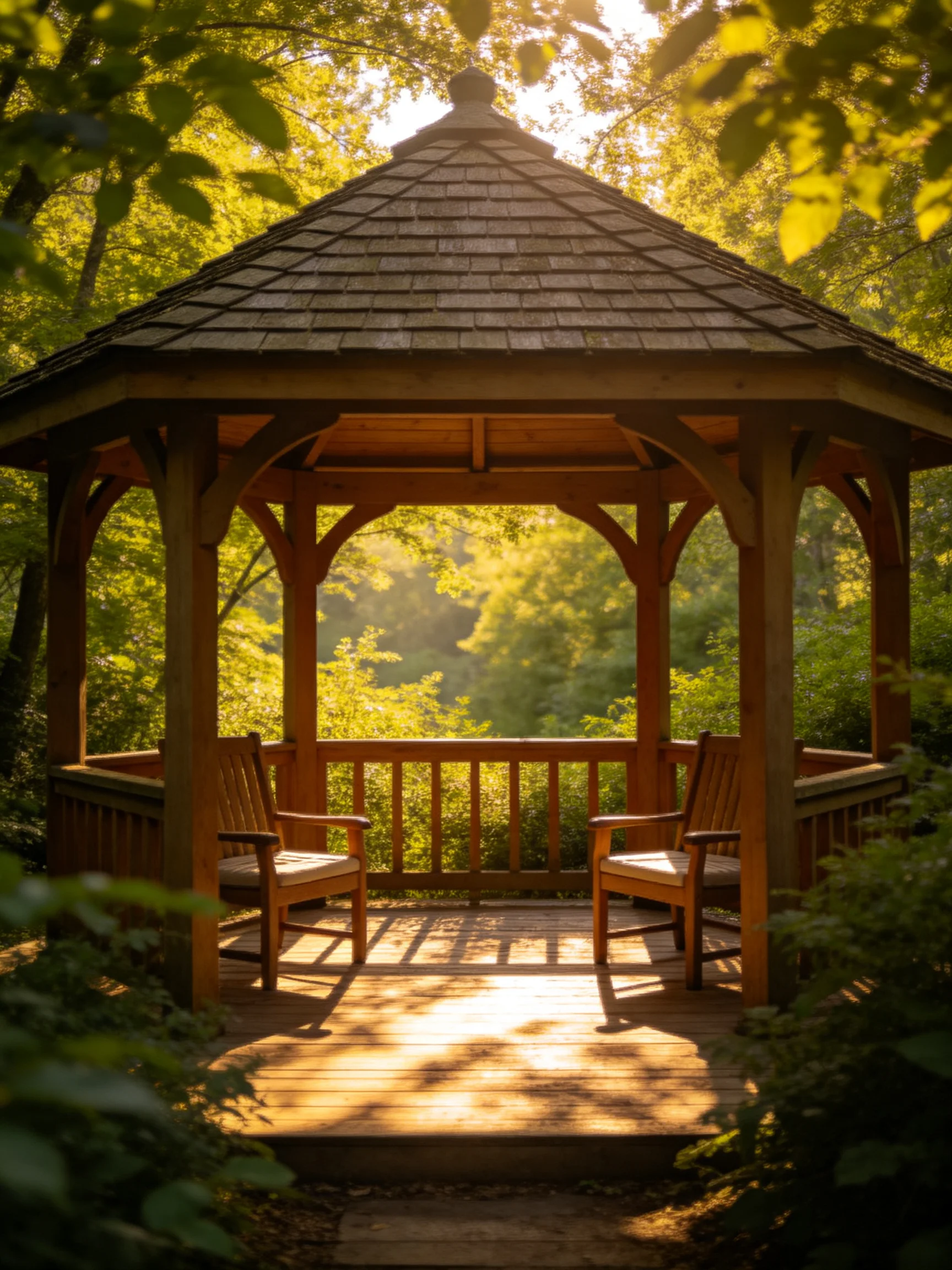 A wooden gazebo with two chairs amid lush green foliage