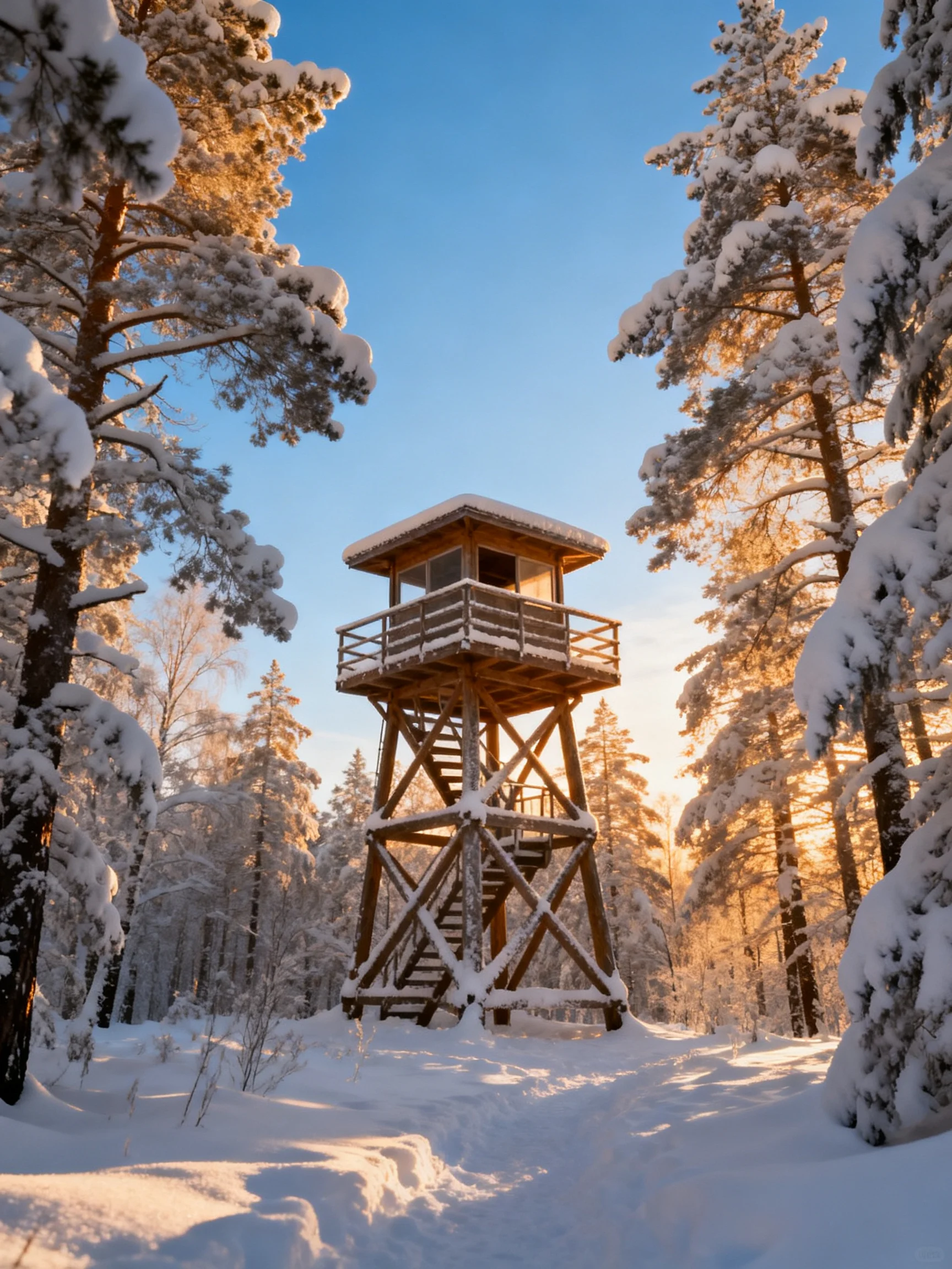A wooden observation tower stands amid snow-laden pine trees under clear blue sky