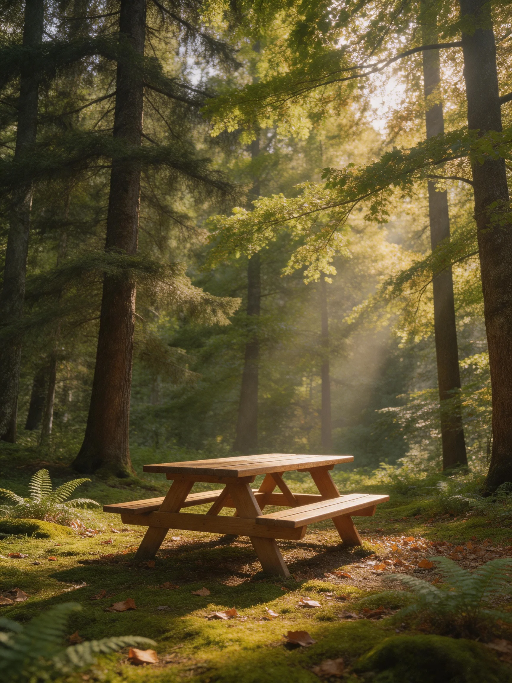A wooden picnic table sits in a sunlit forest with tall evergreen trees