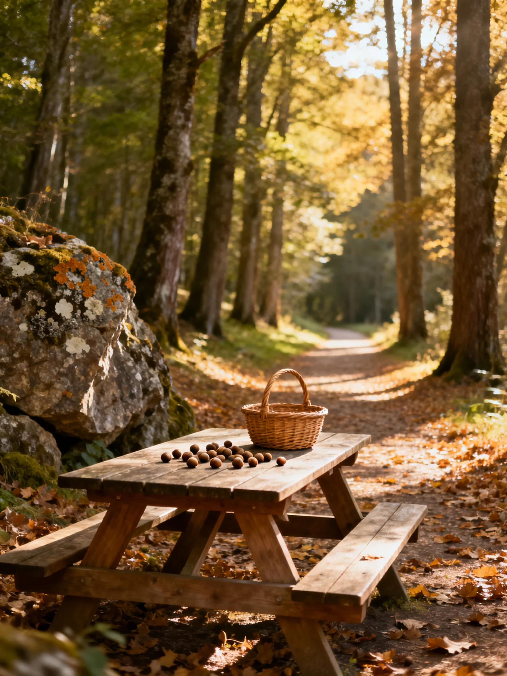 A wooden picnic table with chestnuts near mossy rocks in autumn forest