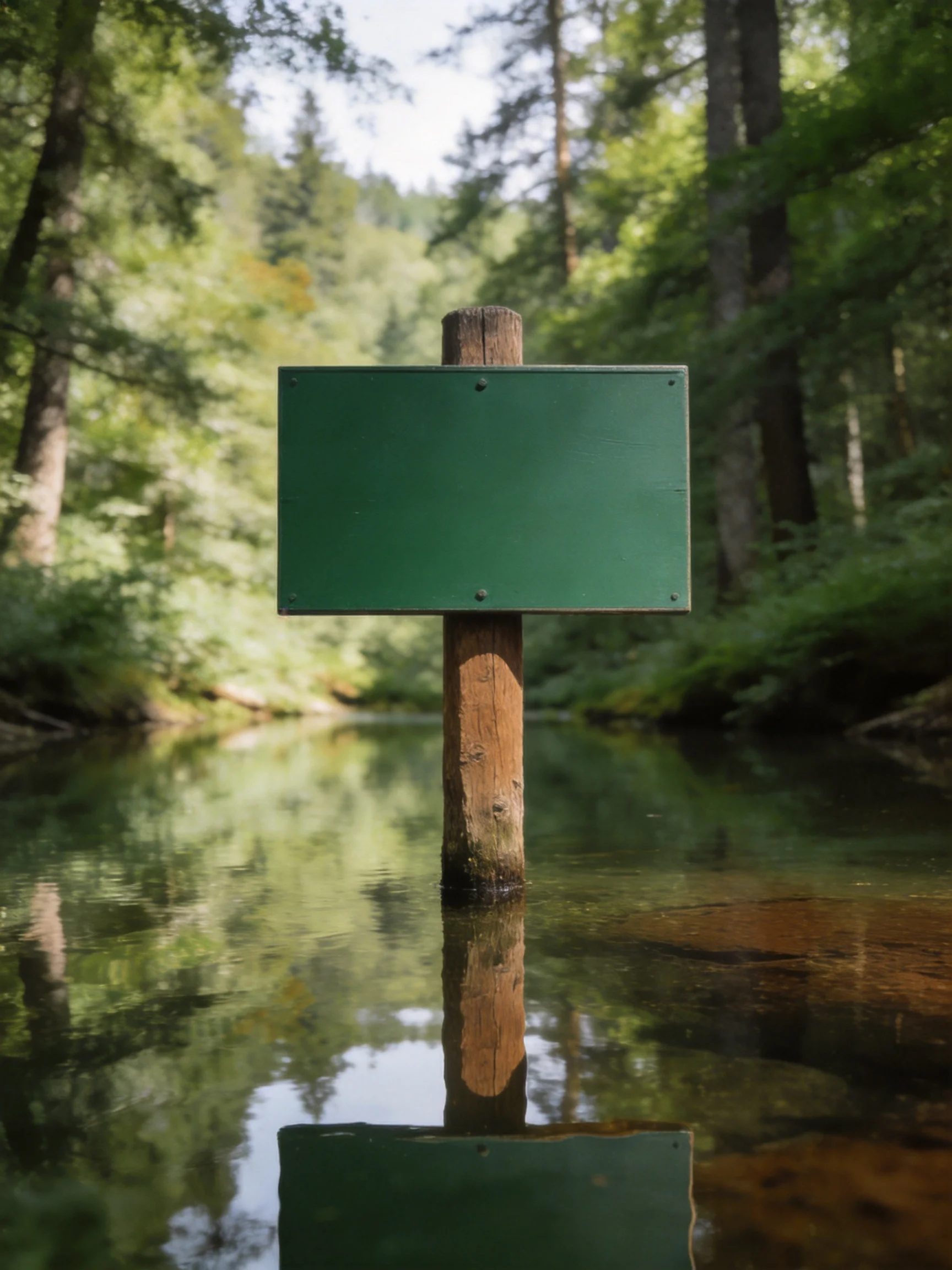 A wooden post holds a green sign amid calm forest waters