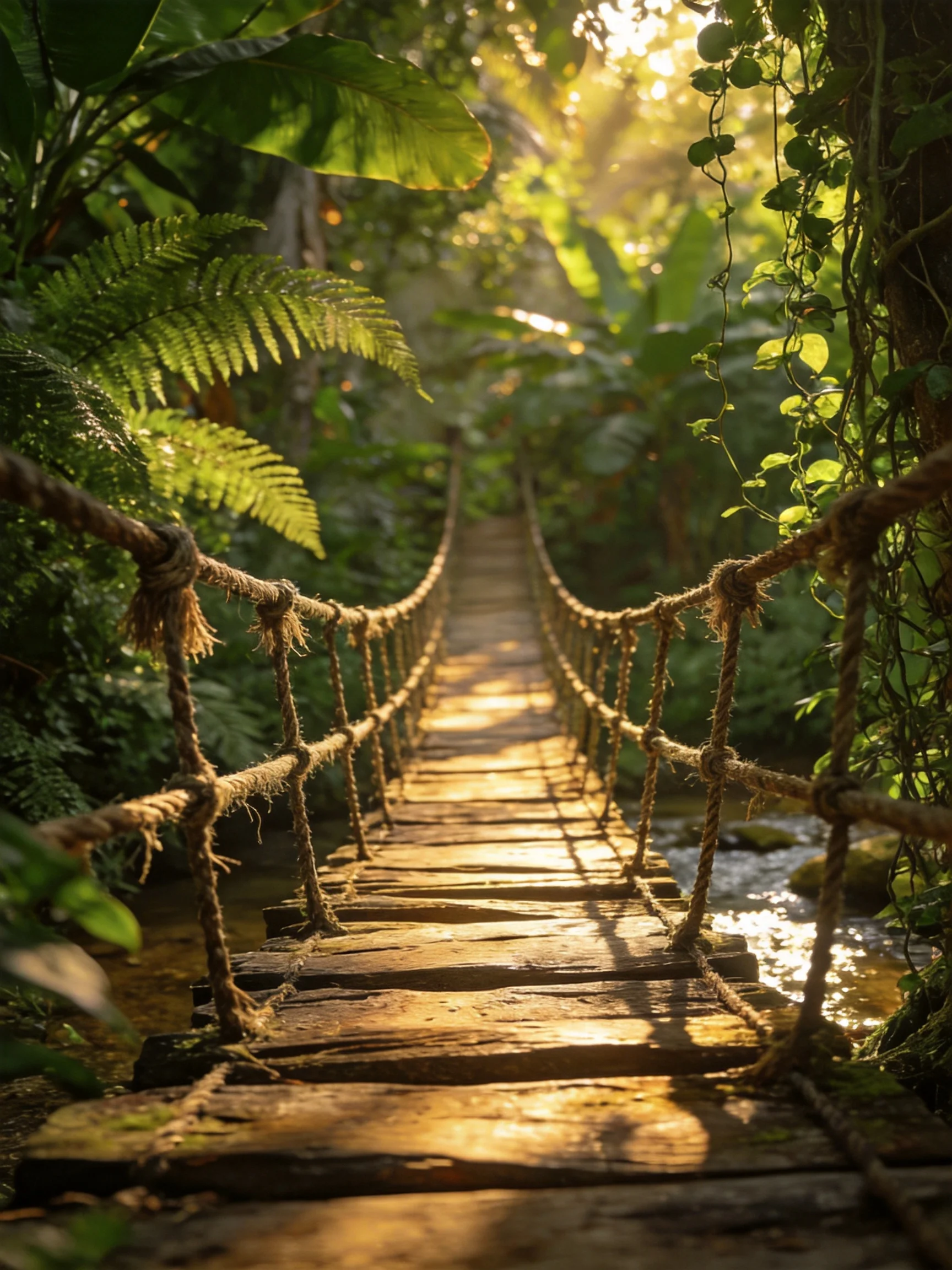 A wooden rope bridge spans a stream amid dense tropical foliage